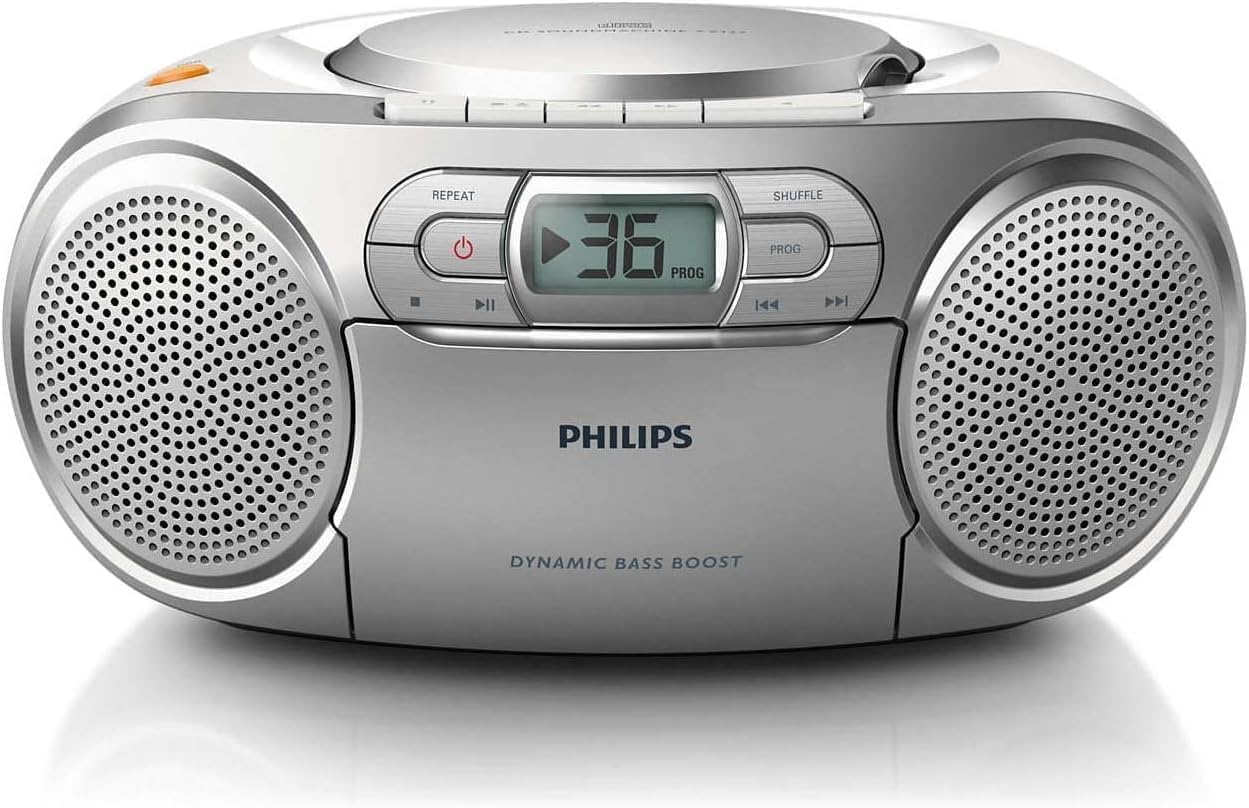 Philips AZ127 Portable CD Player with Radio, Cassette, Dynamic Bass Boost, Audio-In (3.5 mm) , Silver