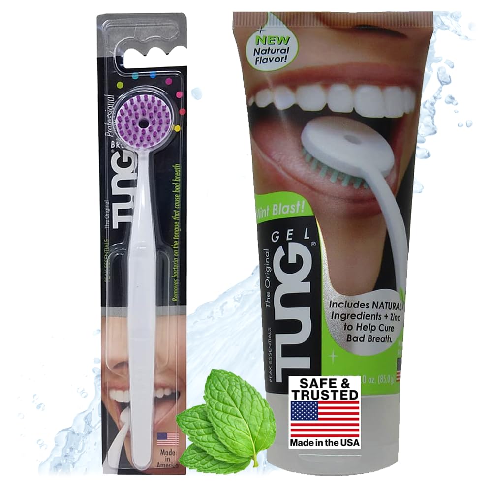 Peak Essentials | TUNG Natural Brush & Gel Kit | Tongue Cleaner for Adults | Tongue Scraper to Fight Bad Breath and Halitosis | Mouth Odor Eliminator | Fresh Mint | Made in America (Starter Pack)