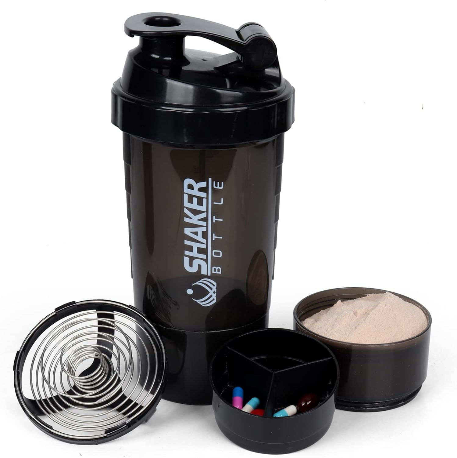 Shaker Bottle 16OZ Protein Shaker Bottles with Mix Ball Portable Sports Water Bottle Leak Proof GYM Cup for Protein Mixes with Powder Storage & Pill Organizer, Idea for Pre Workout,BPA Free(black)