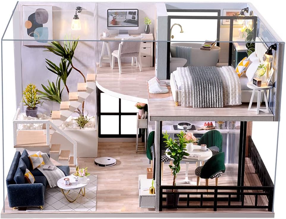 CUTEBEE Dollhouse Miniature with Furniture, DIY Wooden DollHouse Kit Plus Dust Proof and Music Movement, 1:24 Scale Creative Room Idea-L32