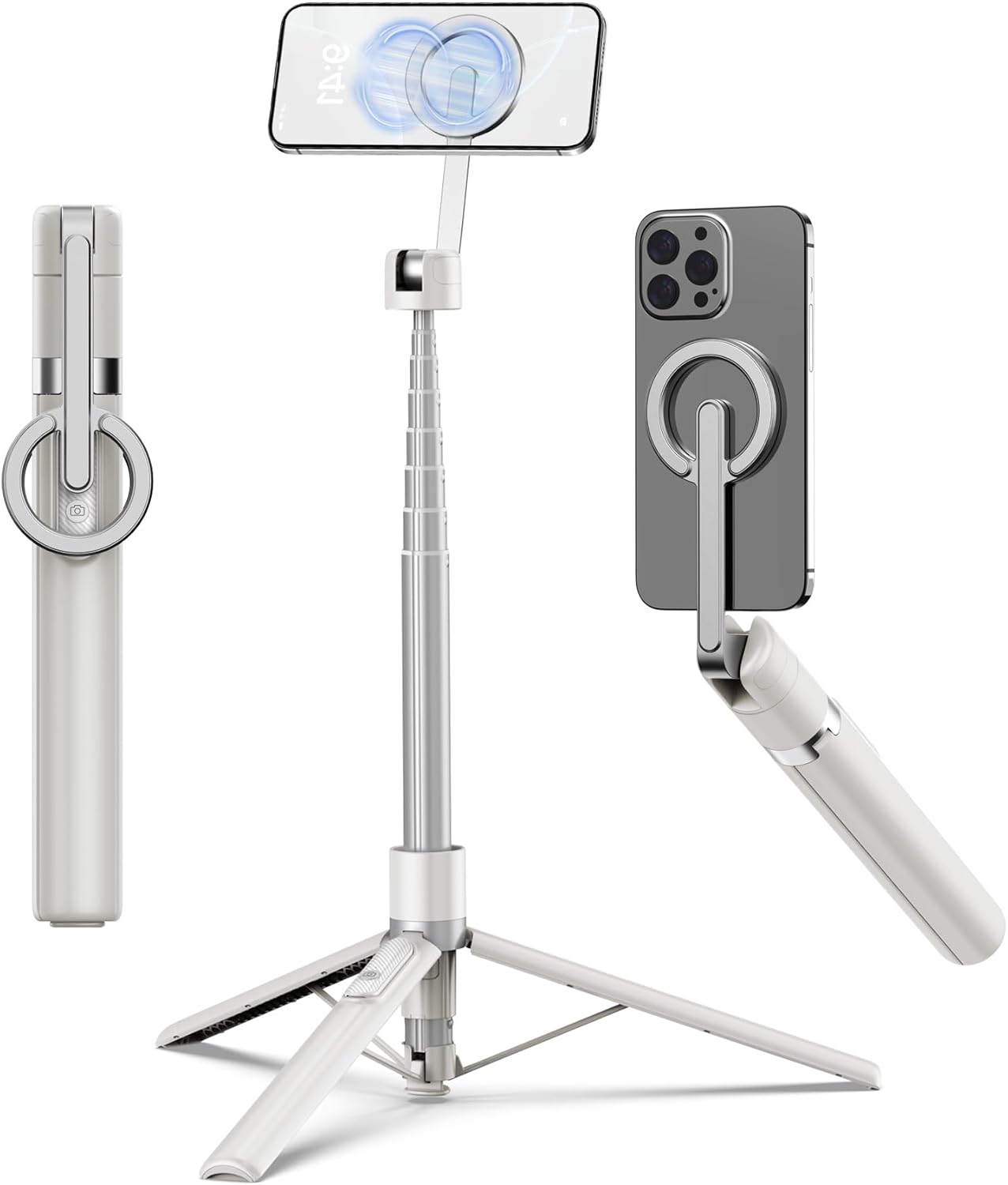 TONEOF 68" Magnetic Selfie Stick Tripod with Aluminum Strong Magnetic Holder for Magsafe, 360° Rotatable Travel Phone Tripod Stand with Metal Ring & Rechargeable Remote for iPhone/Android(Beige Gray)