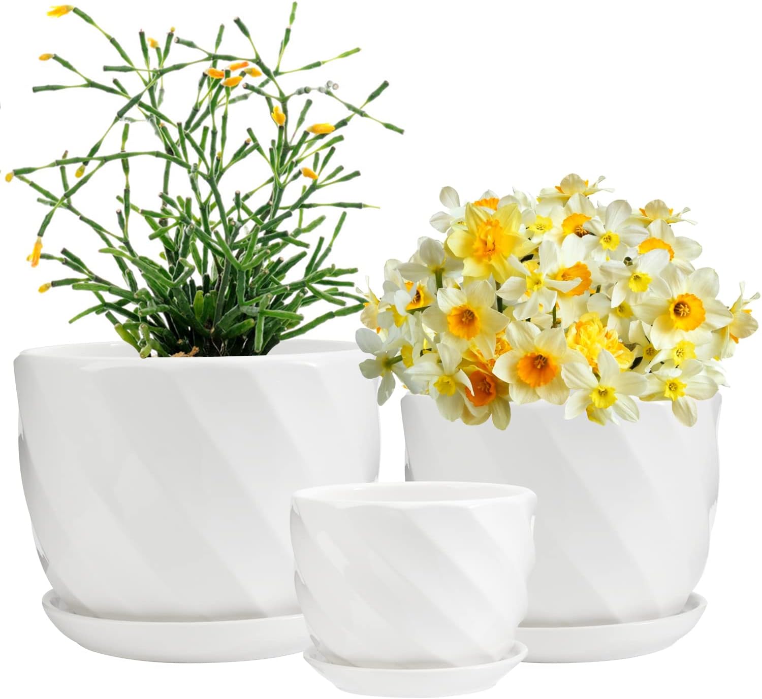 Laerjin Ceramic Flower Pots 4" & 5.5" & 7" Ceramic Pots for Plants, Set of 3 Plant Pots Indoor with Drainage, Outdoor Flower Pot with Drainage Holes and Saucers