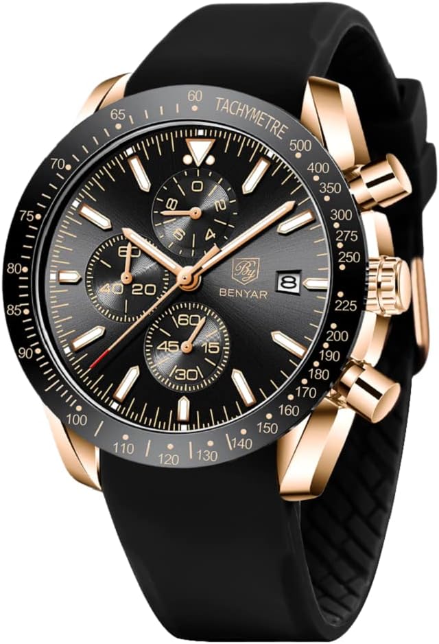BENYAR Watch for Men Analog Quartz Chronograph Waterproof Luminous Designer Mens Wrist Watches Business Work Sport Casual Dress Watch with Silicone Strap Elegant