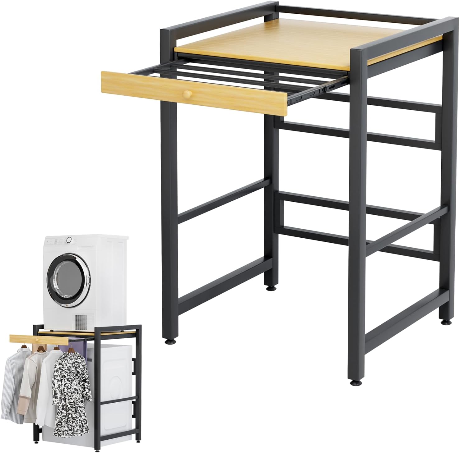 Washer Dryer Shelf Over The Washer Storage Shelf, Washing Machine Storage Utility Rack with Countertop, Height Adjustable Washing Machine Storages Stand Wooden Color