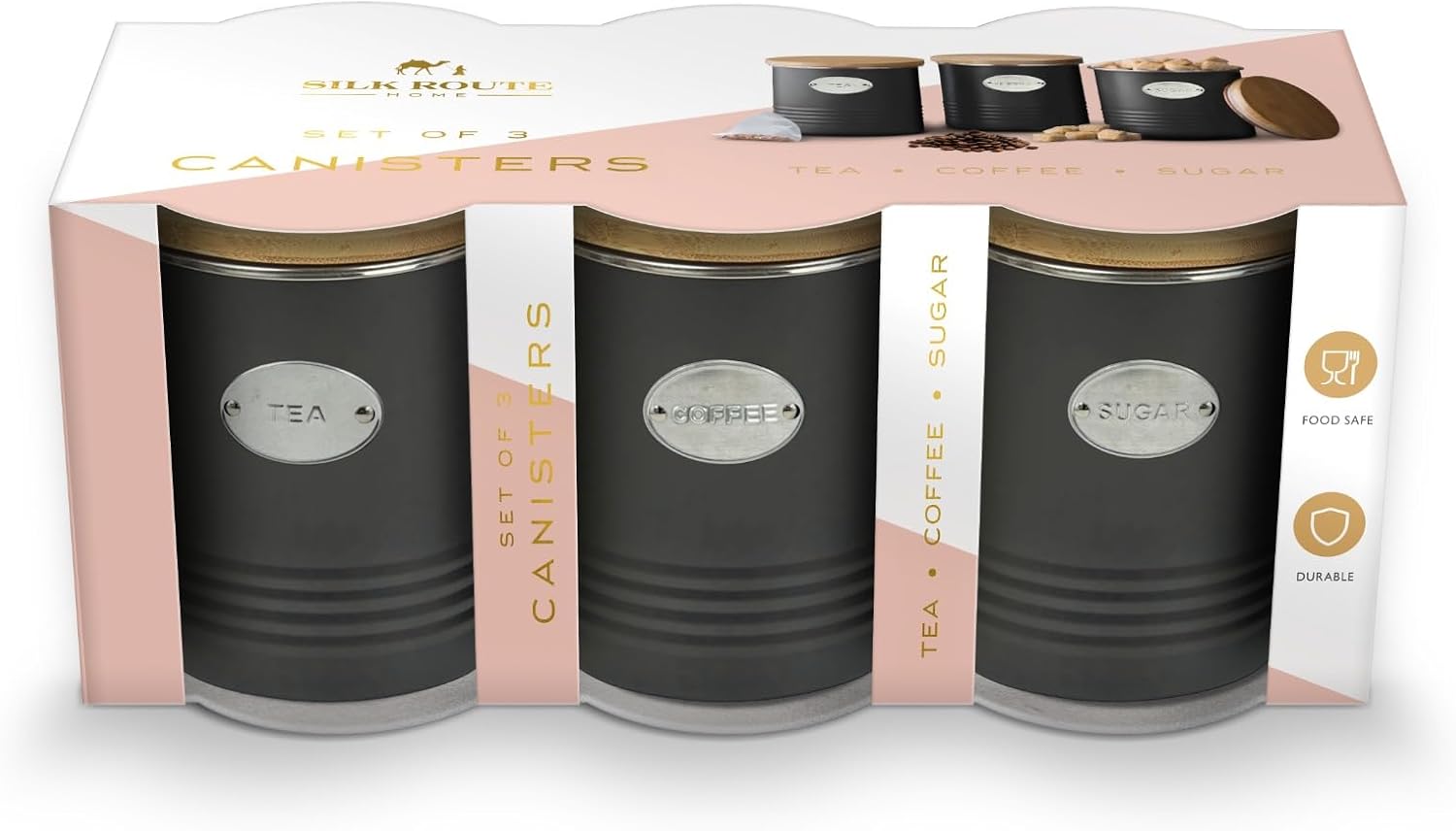 Silk Route Home Black Metal Tea, Coffee & Sugar Storage Canisters & Acacia Wood Lid
