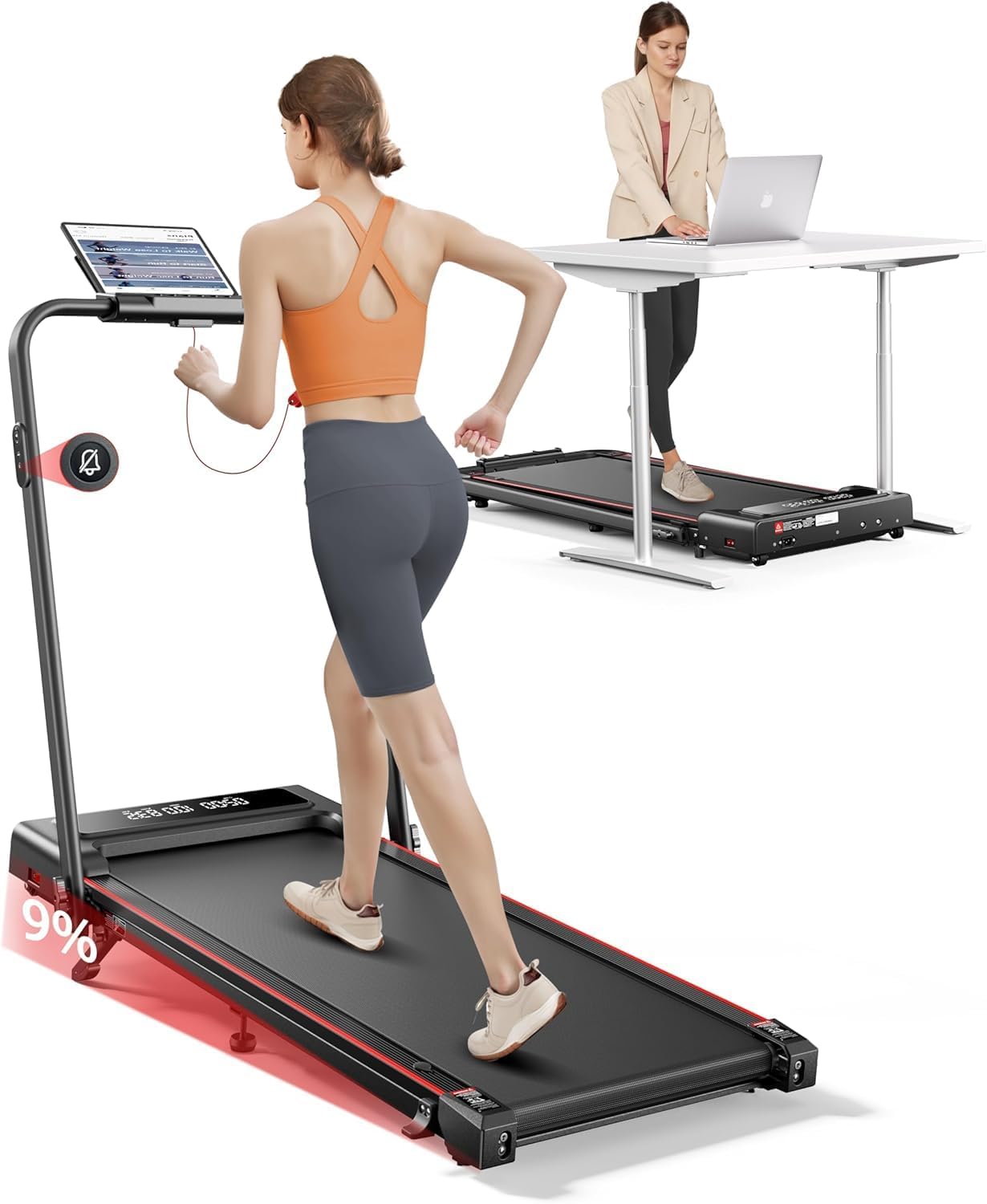 Folding treadmill with 9% Incline, 4 in 1 Treadmills for Home & Office, 12km/h Portable Compact Treadmills, 2.5HP Under Desk Treadmill, Mute Magnetic Remote, App & LED Display, No Assembly