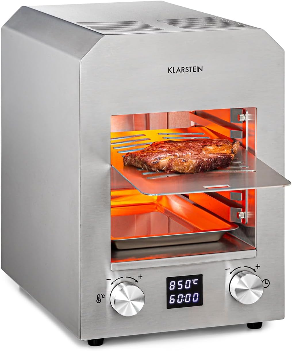 Klarstein Hannibal - High-Temperature Grill, Indoor Grill, Power: 2,200 W, Temperature: 200-850 °C, Infrared Heating Element, CharForce System, Surface: 18.5 x 30 cm, LED Display, Timer, Silver