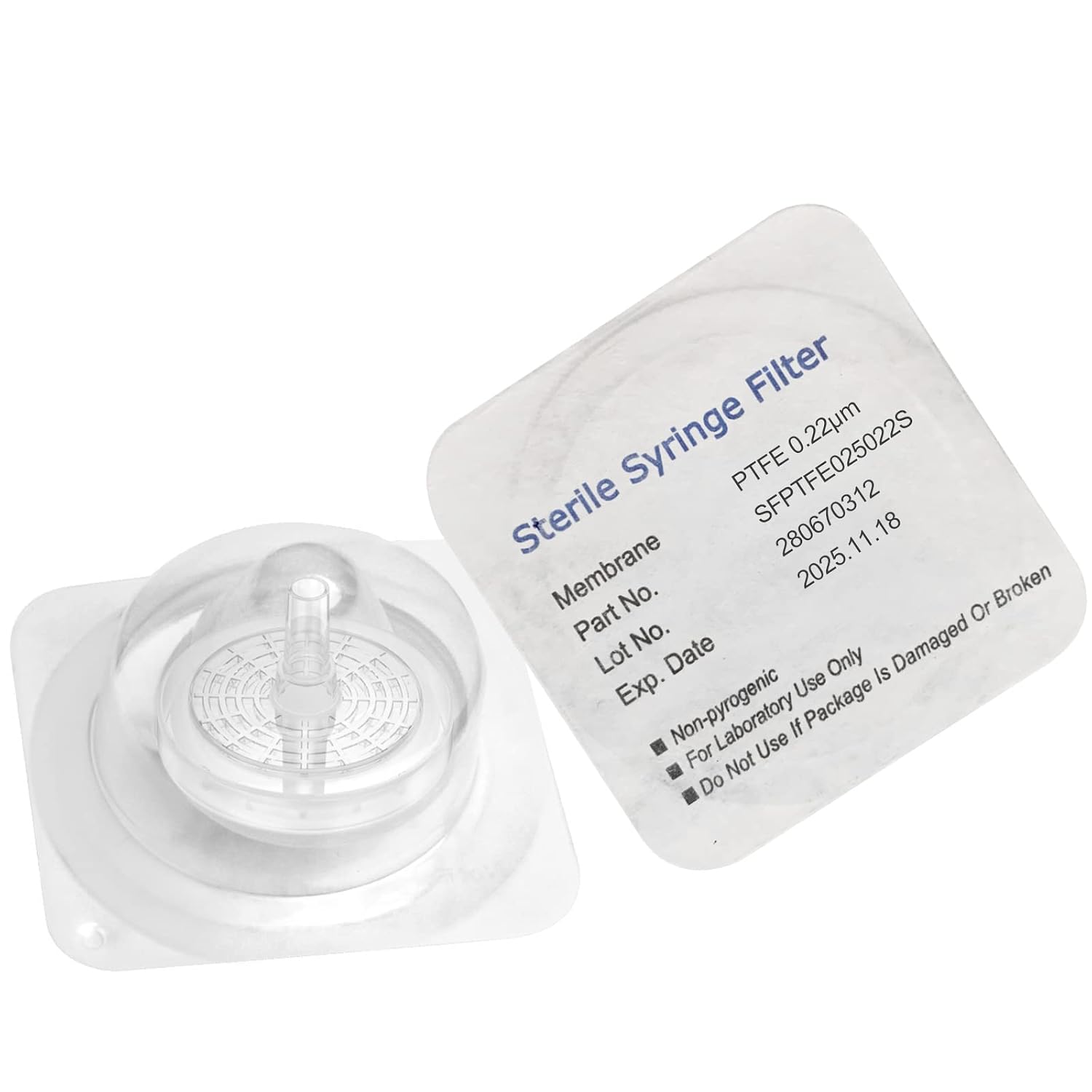 Sterile Syringe Filters PTFE 25 mm Diameter 0.22 um Pore Size Individually Packaged 100/pk