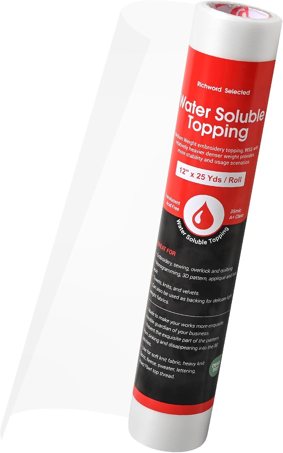 Poolin Water Soluble Stabilizer for Embroidery Topping Film, 12" x 25 yd | 35µm transparent wash away film for towels, fleece, velvet, knits and freestanding lace; for single and multi-needle machines
