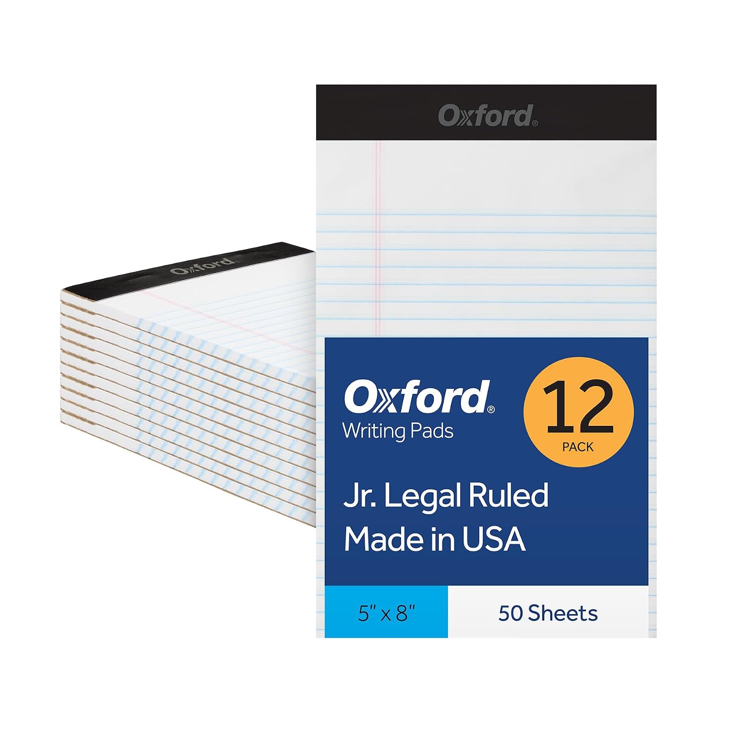 Oxford Legal Pads, 12 Pack, Premium Note Pads, 50 Legal Ruled 5" x 8" Sheets, Bright White Paper with Firm Back, Small Portable Notepads