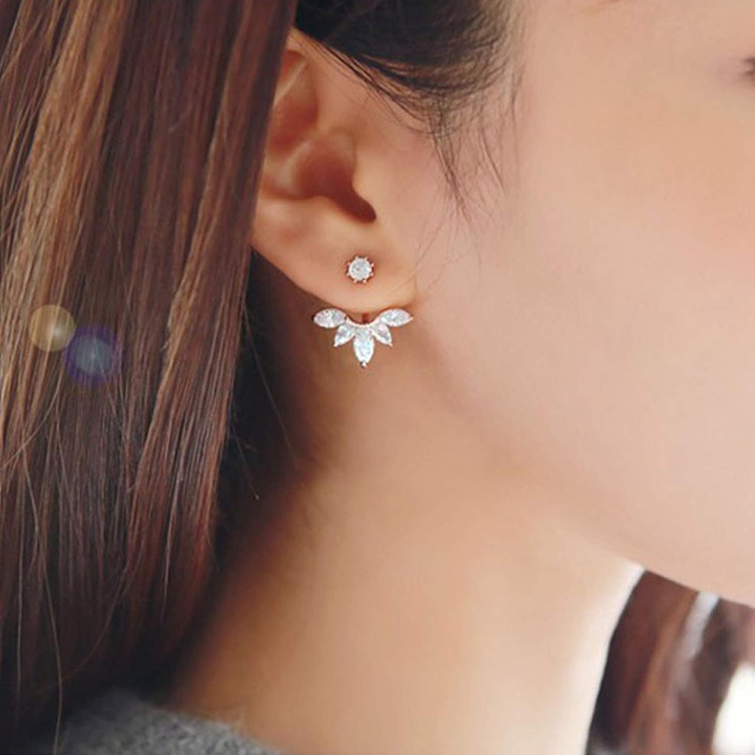 TseenYi Lotus Ear Jacket Gold Rhinestone CZ Flower Earrings - Personalized Front Back Double Sided Wrap Jewelry for Women and Girls