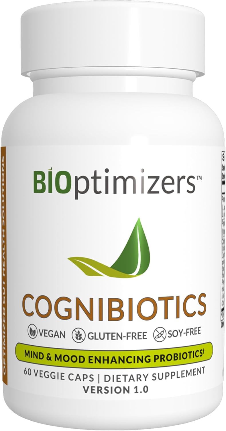BiOptimizers Cognibiotics Probiotic Brain Supplement | Helps Support Mood, Better Focus, Memory, Mental Clarity | 60 Capsules