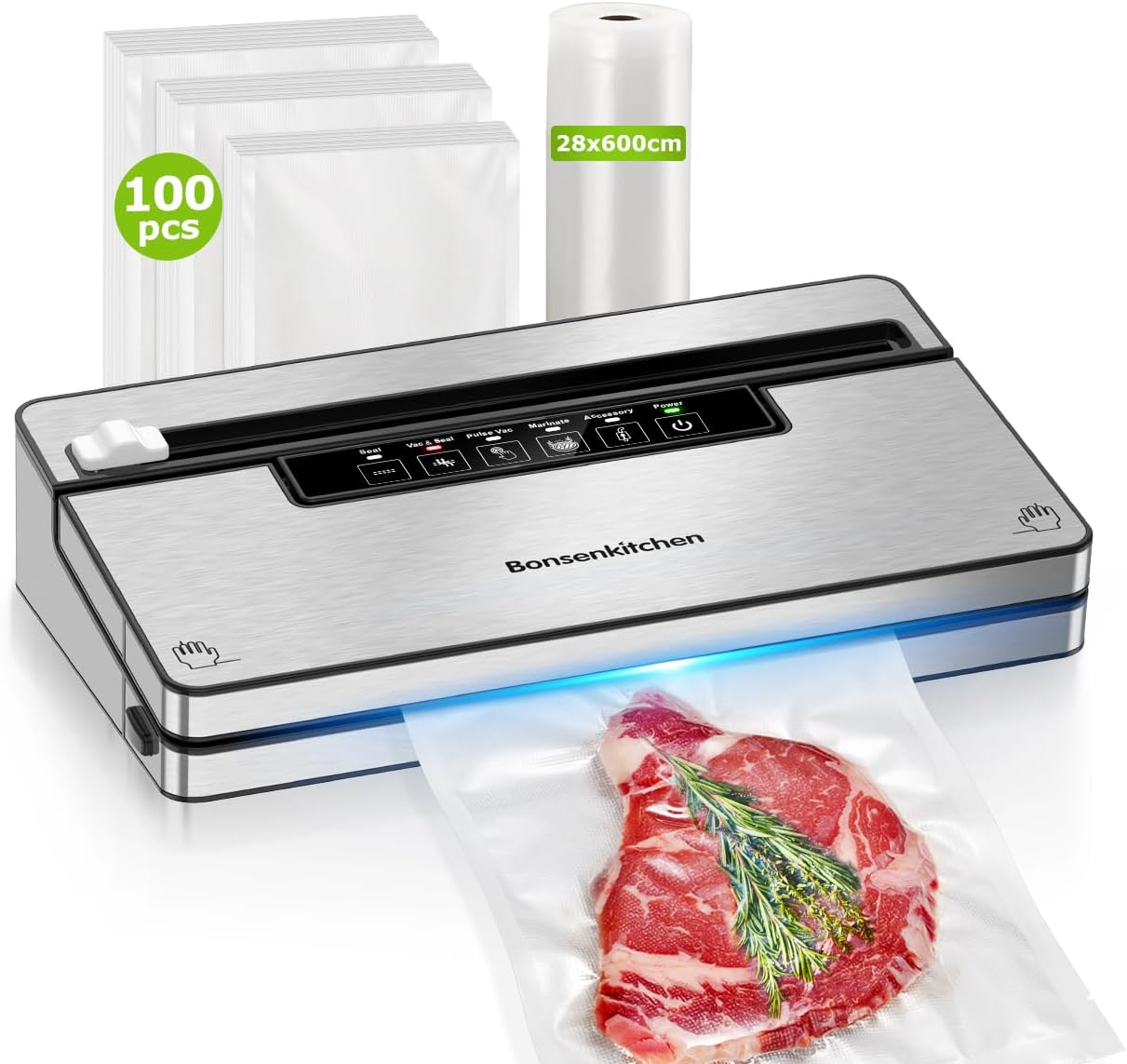 Bonsenkitchen Vacuum Sealer Machine with 5 Modes, Built-in Cutter and Bag Storage, Globefish Technology for Continuous High-Speed ​​Operation, Includes 100 Vacuum Bags and 1 Roll Bag, VS3201