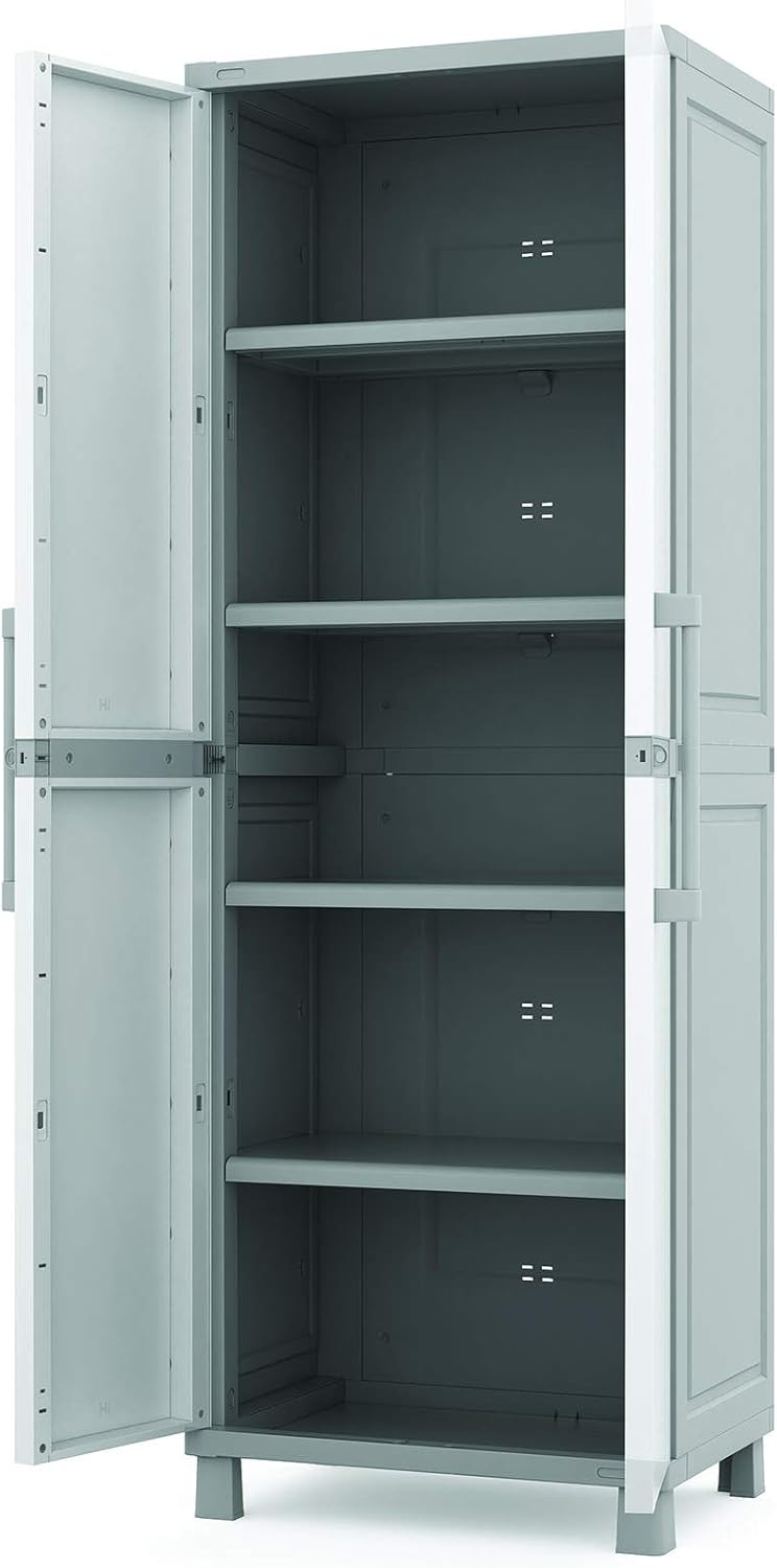 Keter Storage Cabinet with Doors and Shelves for Laundry Room, Garage, Bathroom Accessories, Closet and Home Organization, White & Grey