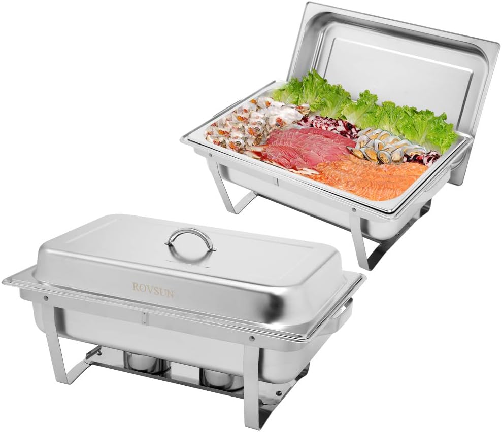 ROVSUN 8 Qt 2 Pack Full Size Stainless Steel Chafing Dishes Buffet Set, NSF Silver Rectangular Catering Chafer Warmer Set with Trays Pan Lid Folding Frame Stand for Kitchen Party Banquet Dining