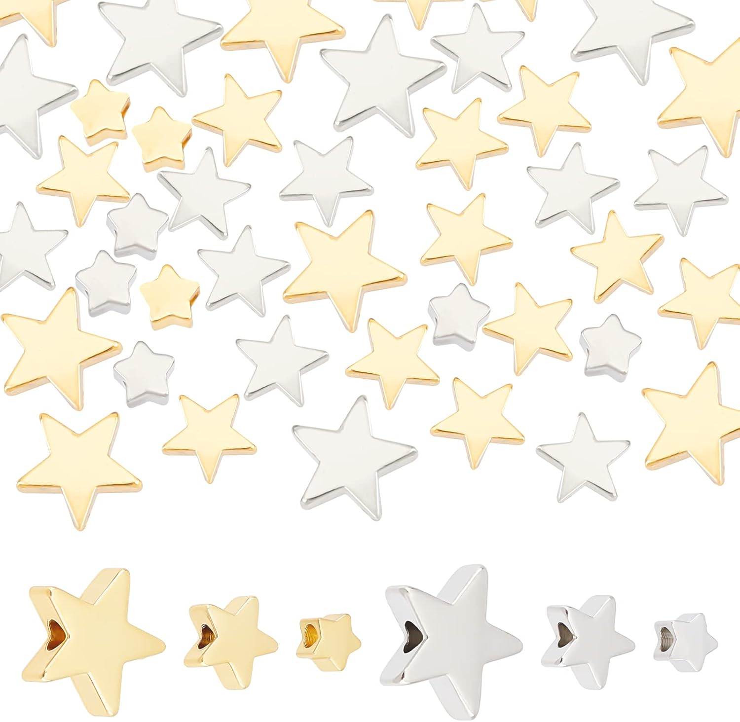 PH PandaHall 60pcs Star Spacer Beads, 4mm 6mm 8mm Stars Beads Twinkle Star Loose Beads Jewelry Charms for DIY Jewelry Making Necklace Bracelet Earrings Keychains Christmas Decoration, Gold and Silver