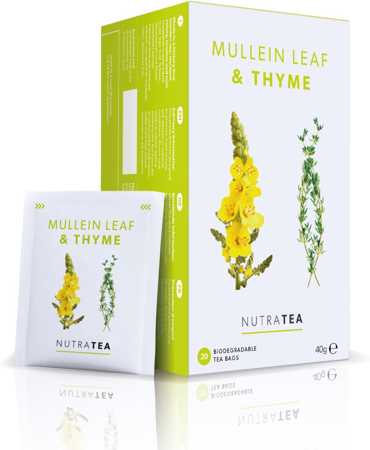 Nutra Tea Mullein Leaf & Thyme - Mullein Tea For Lungs & Throat - 80% Mullein Leaf, 20% Thyme - 20 Individual Wrapped Bags - Herbal Infusion (1 Pack)