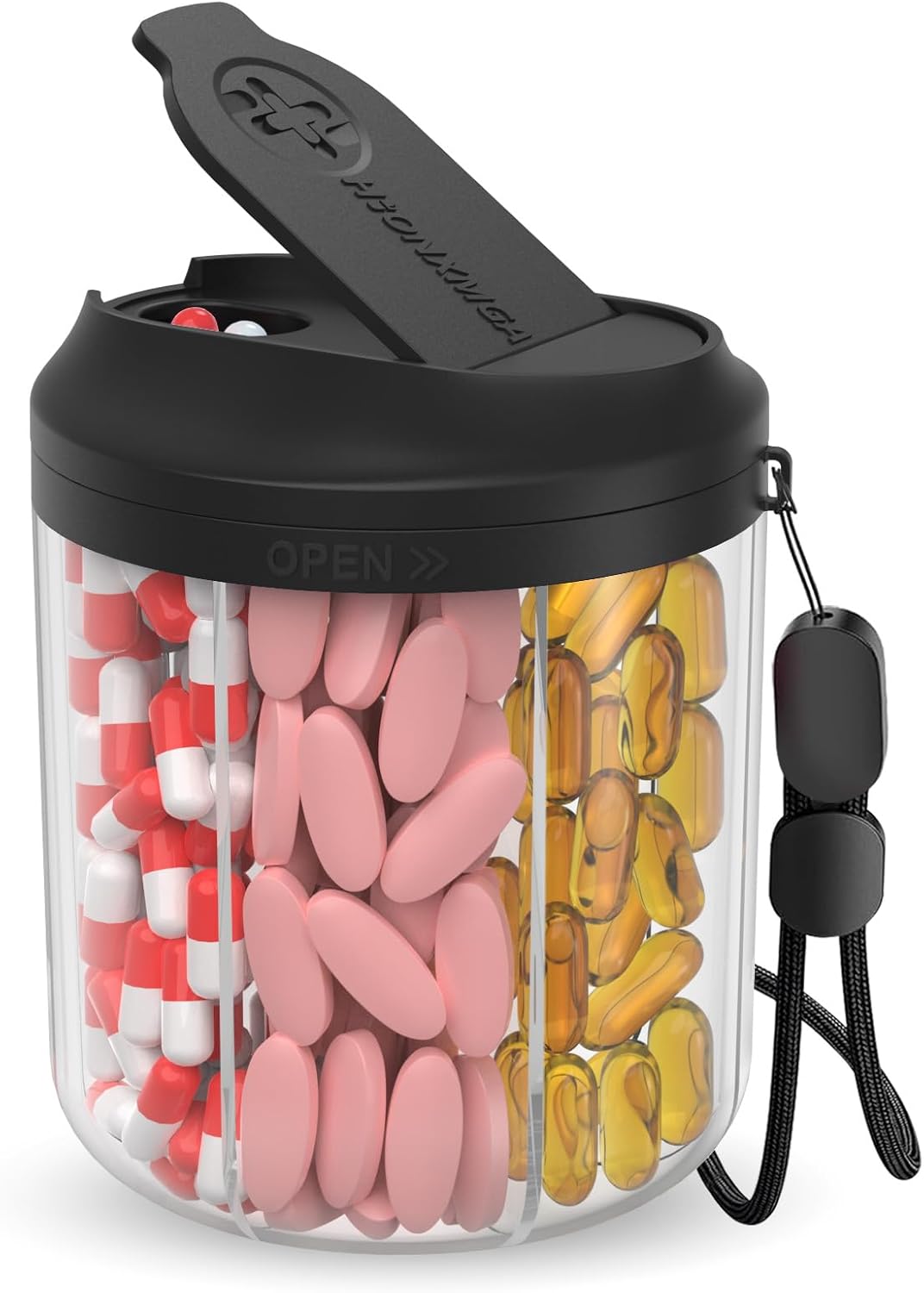 Hionxmga Pill Dispenser with 7 Large Compartments, Pill Bottle Organizer for Travel, Supplement Organizer with Anti-Mixing Design, BPA-Free Pill Container with 20 Pcs Labels, Black