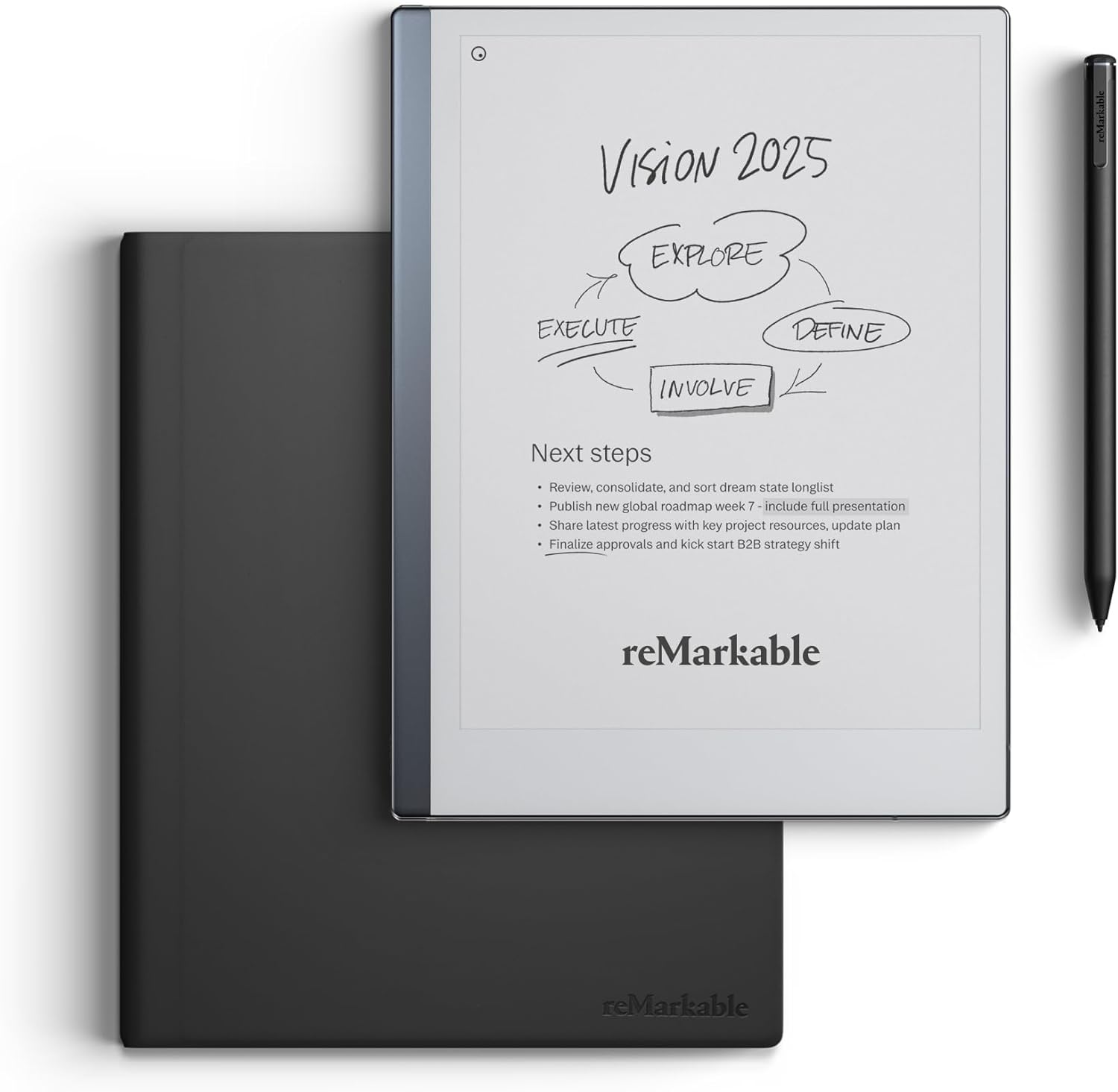 reMarkable 2 Bundle - Leather Folio | 10.3'' reMarkable 2 Paper Tablet, Marker Plus Pen With Built-in Eraser and Book Folio Case in Black Premium Leather