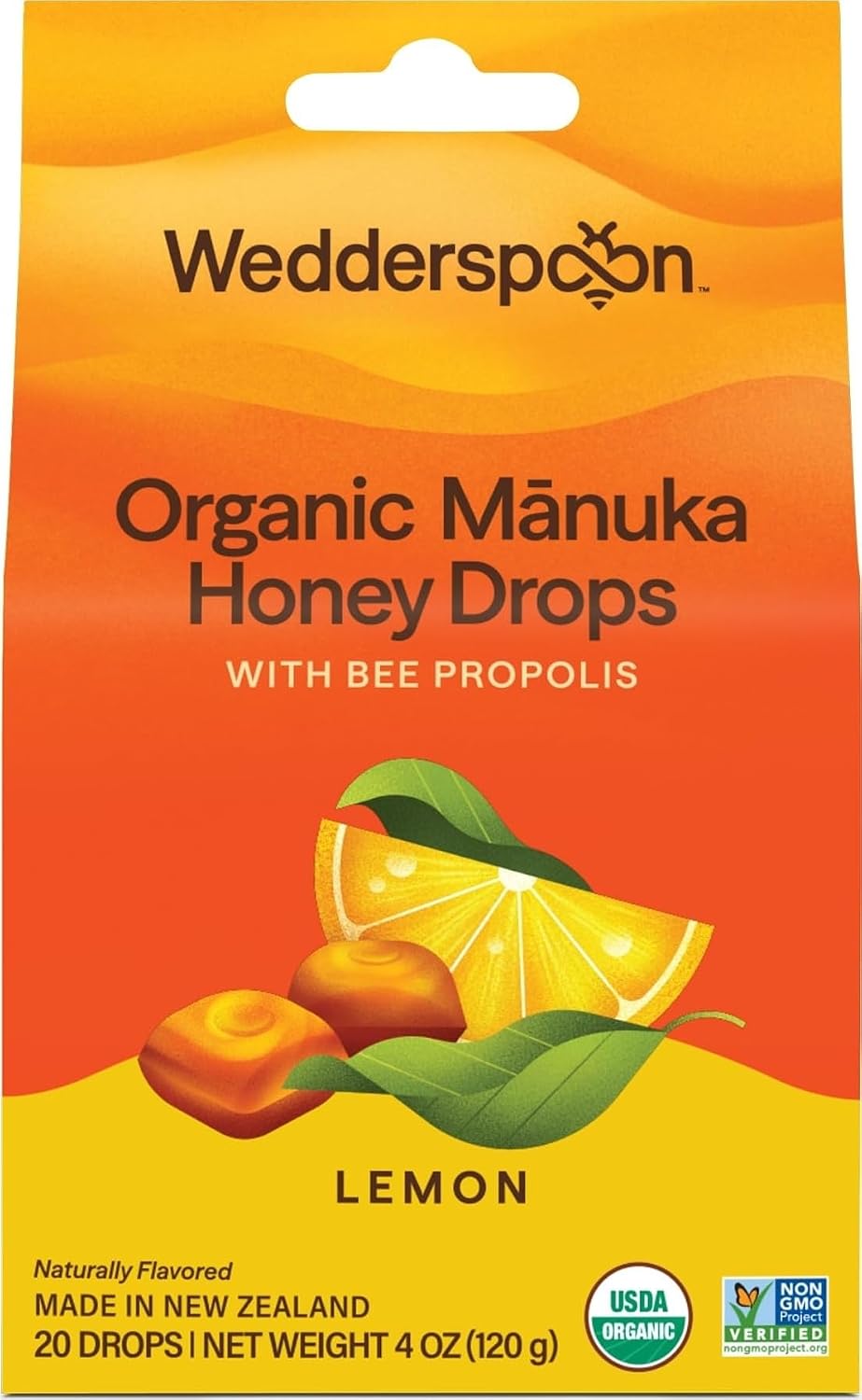 Wedderspoon Organic Manuka Honey Drops, Lemon & Bee Propolis, 20 Count | USDA Organic, Genuine New Zealand Honey, Natural Remedy for Dry Throat
