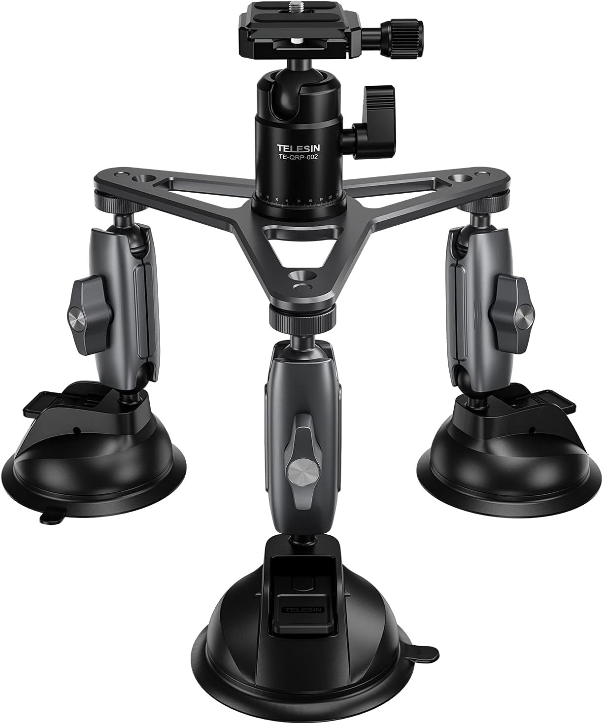 TELESIN Triple Suction Cup Car Mount Heavy Duty Tripod with 360 Ball Head for GoPro 13 Insta360 DJI Action 5 Pro 4 3 DSLR Mirrorless Camera, Dashboard Windshield Window Hi-Speed Motion Vehicle Holder Attach