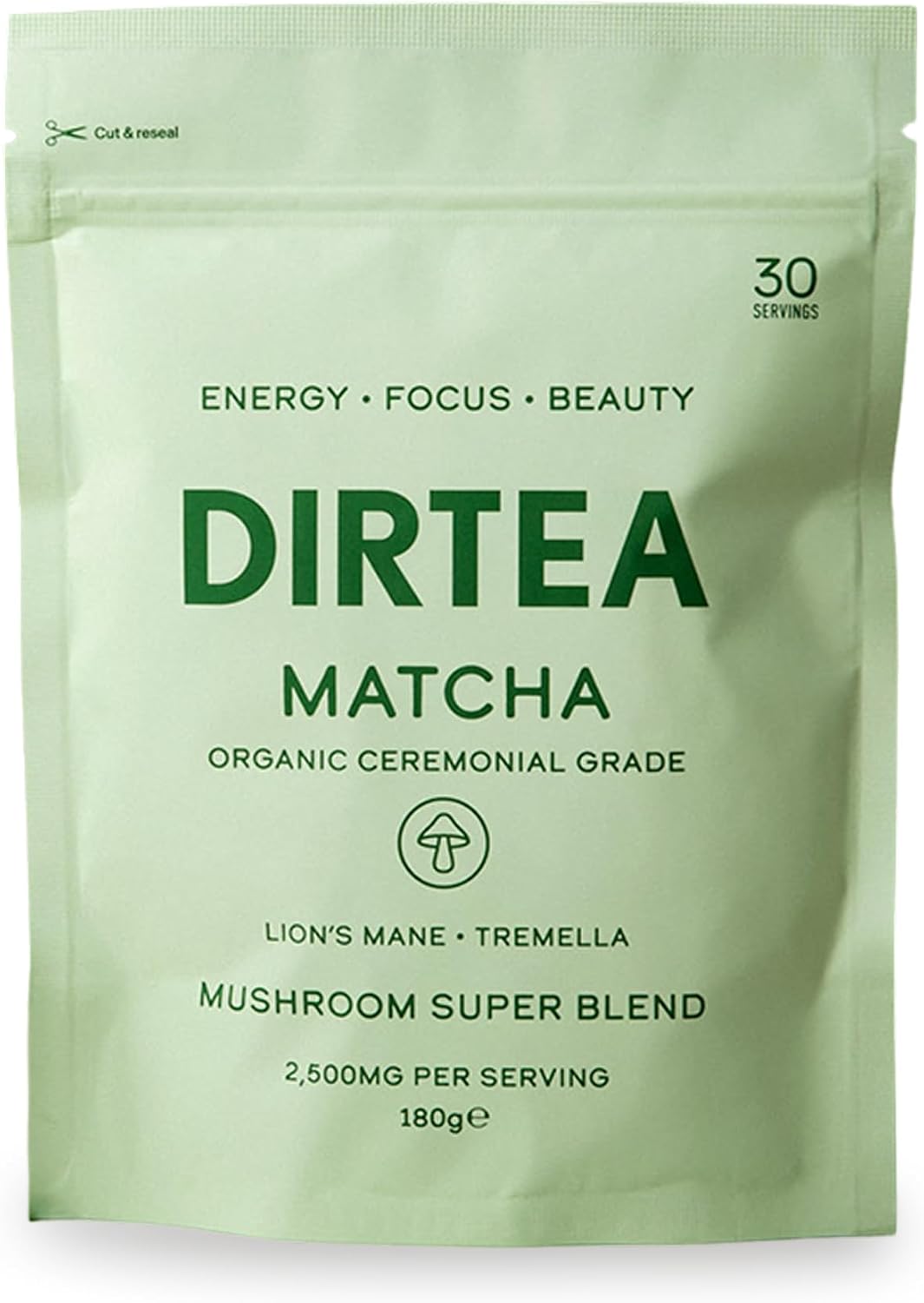 DIRTEA Matcha Powder - 100% Ceremonial Grade Matcha with Lion's Mane & Tremella - 2,500mg per Serving - Vegan & Non GMO - 180g - 30 Servings