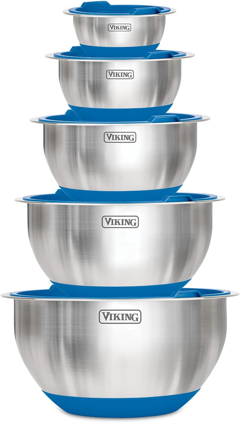 Viking Culinary Stainless Steel Mixing Bowl Set, 10 piece, Non-slip Silicone Base, Includes Airtight Lids, Dishwasher Safe, Blue