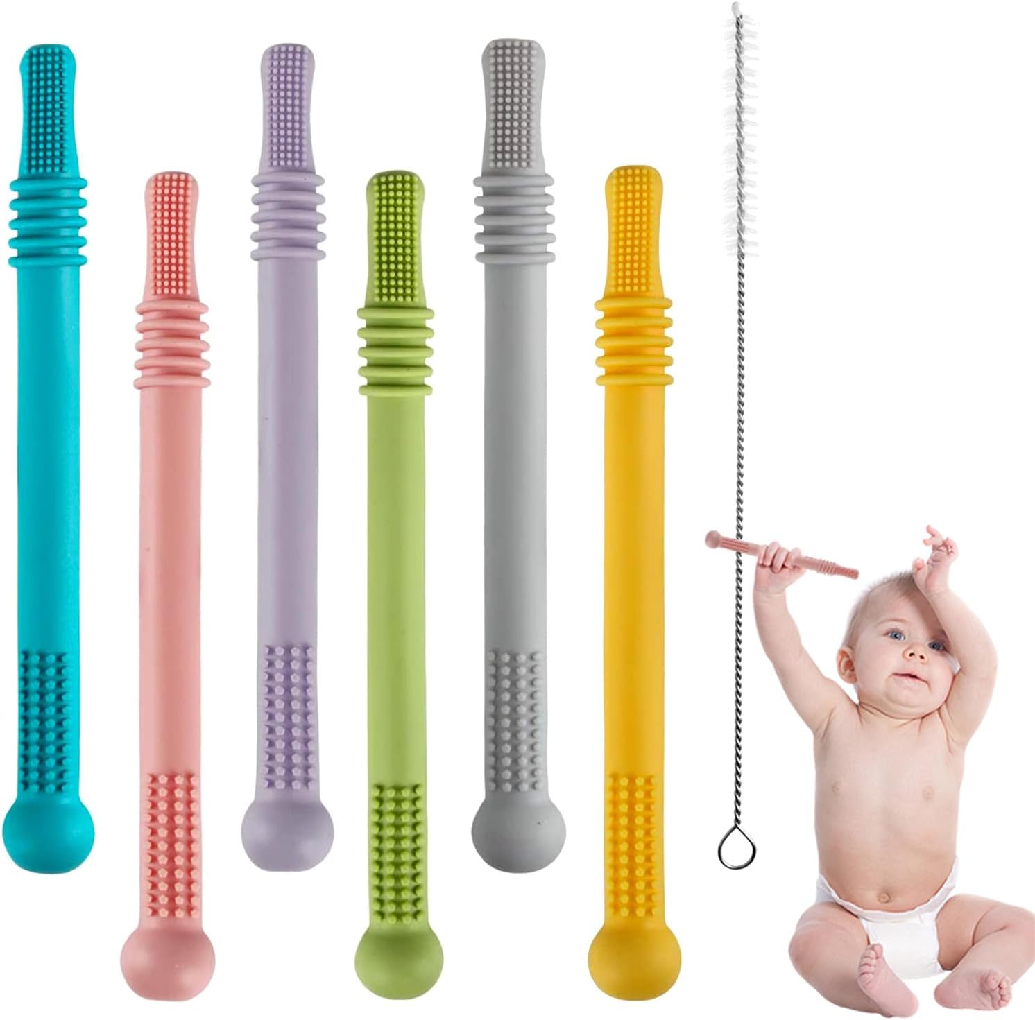 WUJUN 6Pack Hollow Teether Tubes, Silicone Baby Teether Toys, Chew Straws Toy for 3-12 Months Babies Molars, BPA Free/Freezable,with a Cleaning Brush,Dishwasher Safe (Hollow Set of 6)