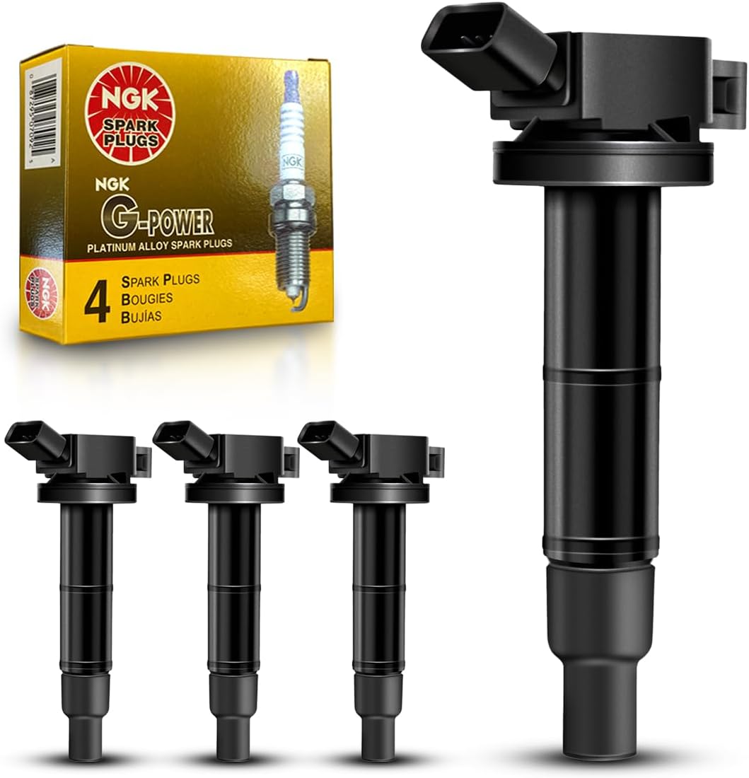 MAS Set of 4 UF333 Ignition Coils and NGK 7092 Platinum Spark Plugs Replacement for Toyota Camry Matrix RAV4 Highlander Solara Vibe TC HS250h 2.4L 2.0L OE# 90919-02244 90919-02266 C1330