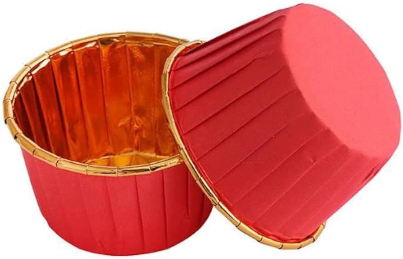 GaoBangM 50 Pcs Cupcake Cases, Cake Muffin Liners, Greaseproof Foil Baking Cups Paper Wrappers, Metallic Cake Cups Household Oven Birthday Wedding Party Muffins Pastry Molds (red)