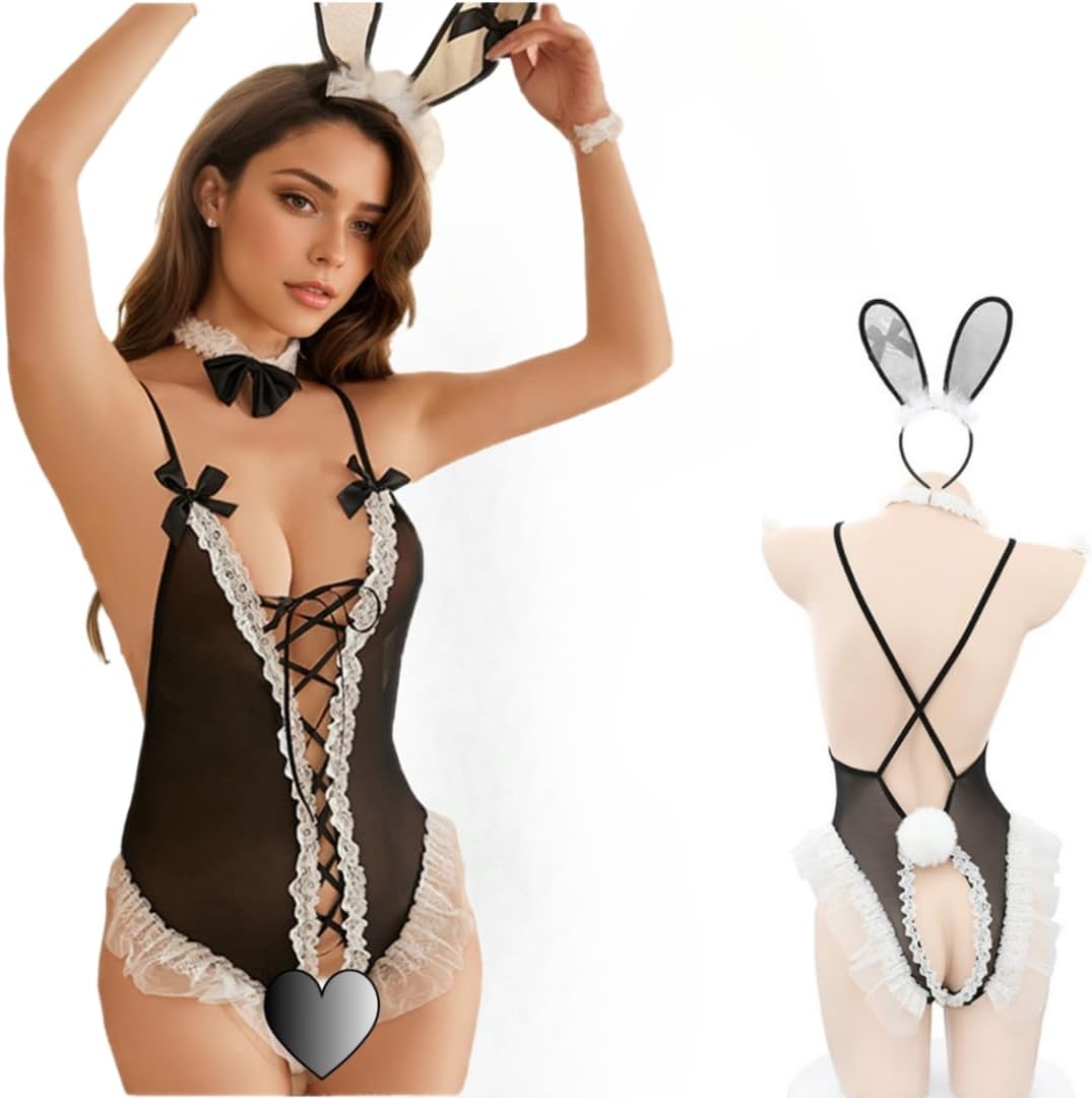 KFLY Sexy Lingerie Set for Women Bunny Cosplay Anime Criss Cross Bodysuit Costume Rabbit Roleplay Lace Outfits (Black, One Size)