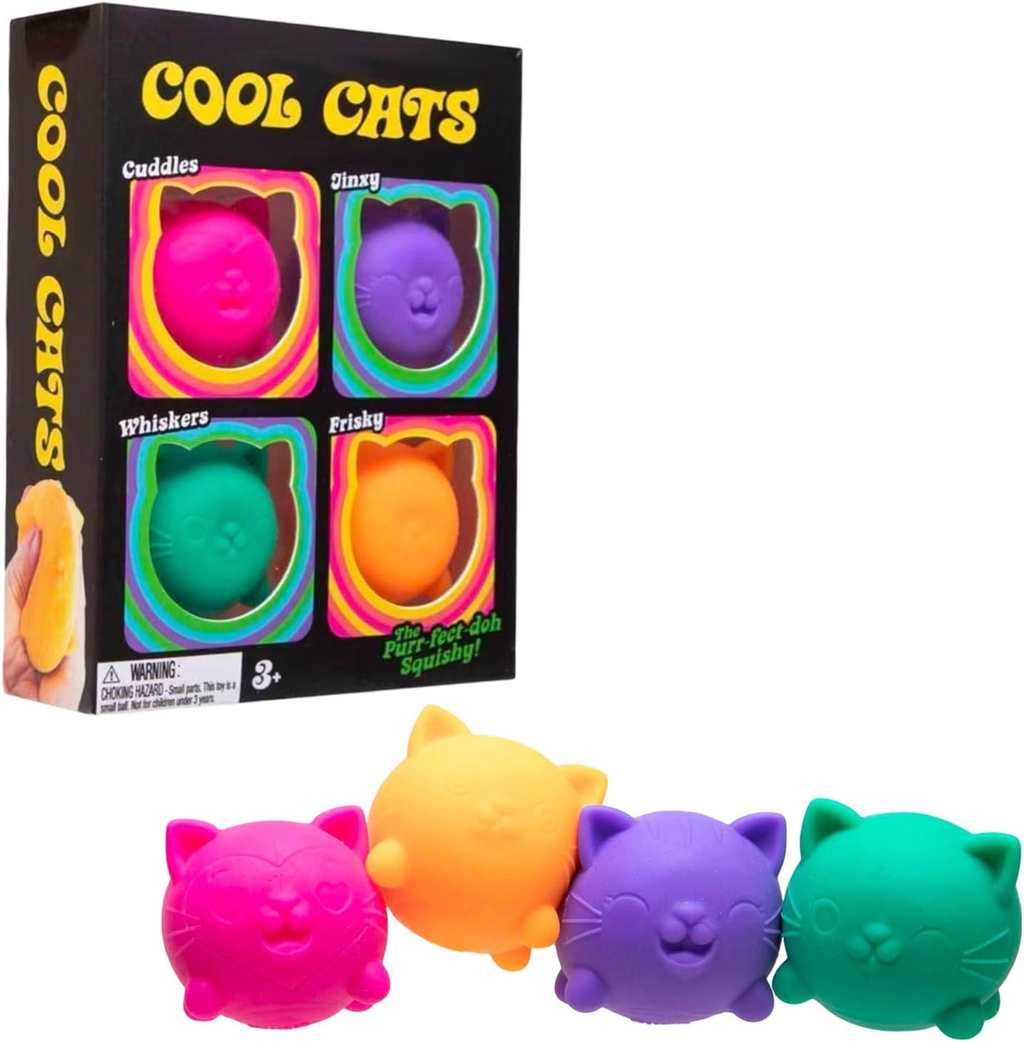 Cool Cats Squishy, 4 Pack Sugar Ball Designs, Anxiety Relief Squeeze for Sensory Play, Sensory Fidget, Slow Rising Squishy Stress Balls
