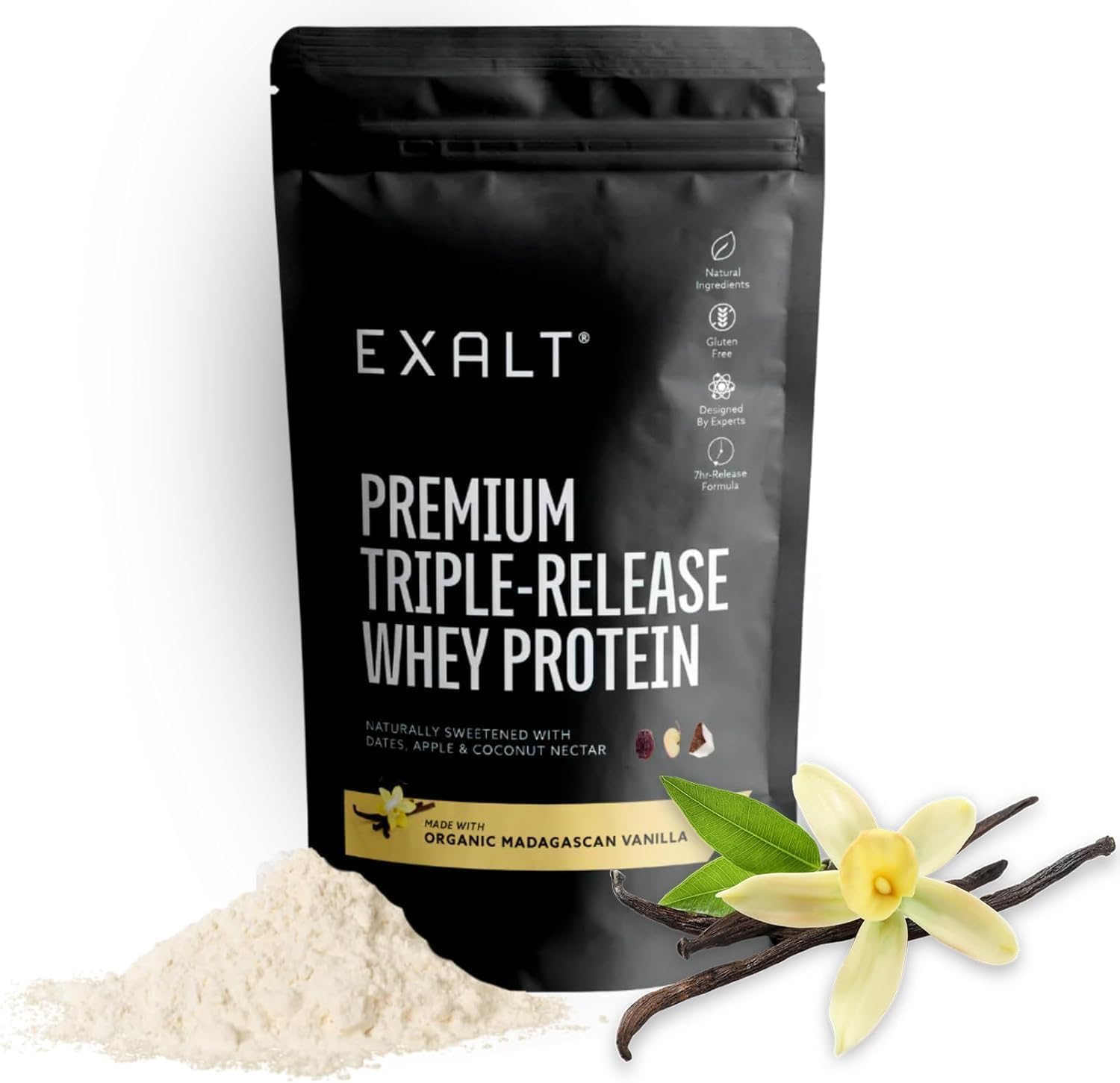 EXALT Nutrition - Whey Protein Powder - Madagascan Vanilla - 1kg - Premium Grass Fed Whey - Micellar Casein & Free Range Egg White - 7hr Triple-Release Blend - Naturally Sweetened with Dates