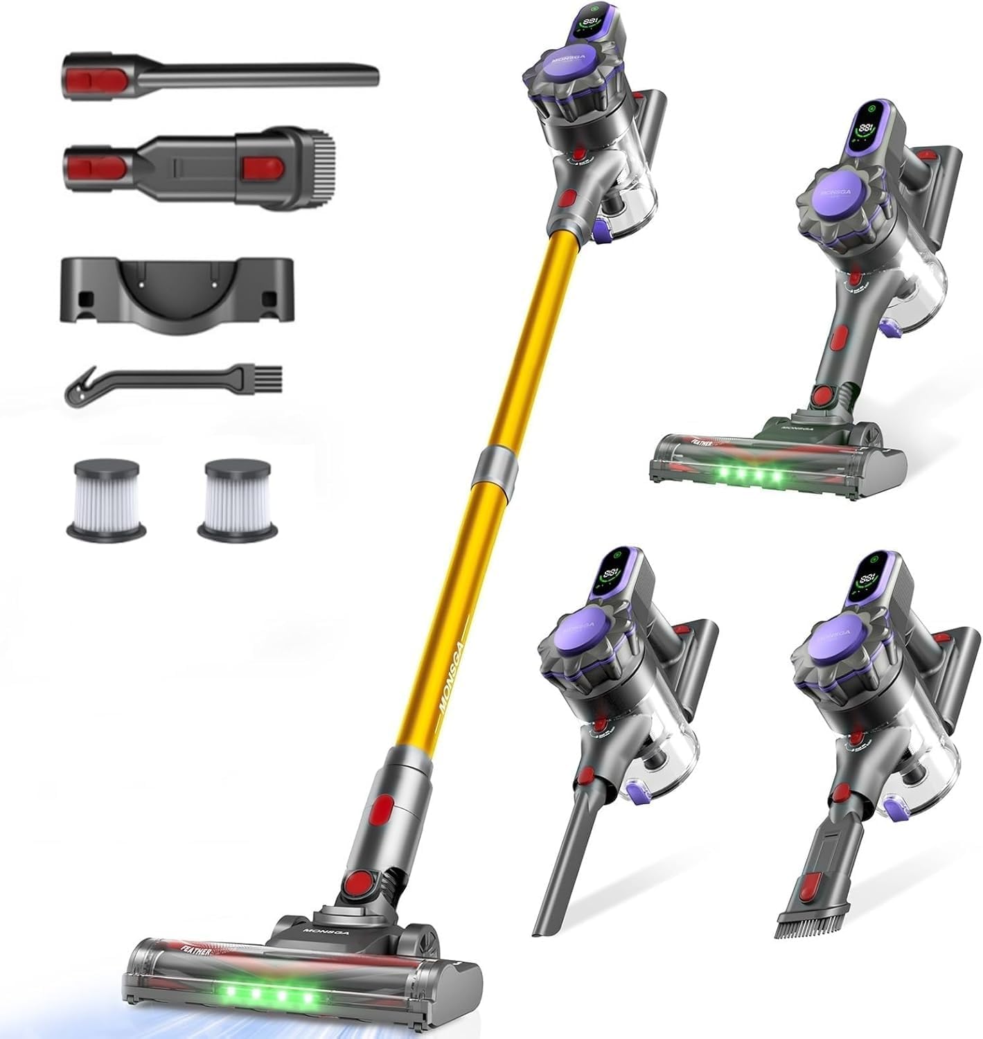 MONSGA Cordless Vacuum Cleaner, 45KPa/550W/50Mins Stick Vacuum for Home, Anti-Tangled Vacuum Cleaner with Detachable Battery, LED Display, Lightweight Handheld Vacuum for Pet Hair/Carpet/Floor, MV3