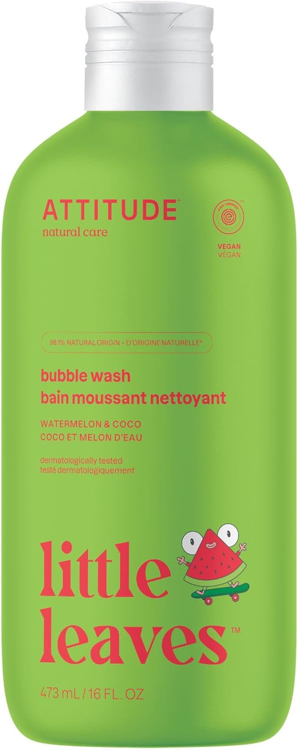 ATTITUDE Bubble Wash for Kids, EWG Verified Bubble Bath, Hair Shampoo and Body Soap, Dermatologically Tested, Plant- and Mineral-Based, Vegan, Watermelon & Coco, 16 Fl Oz