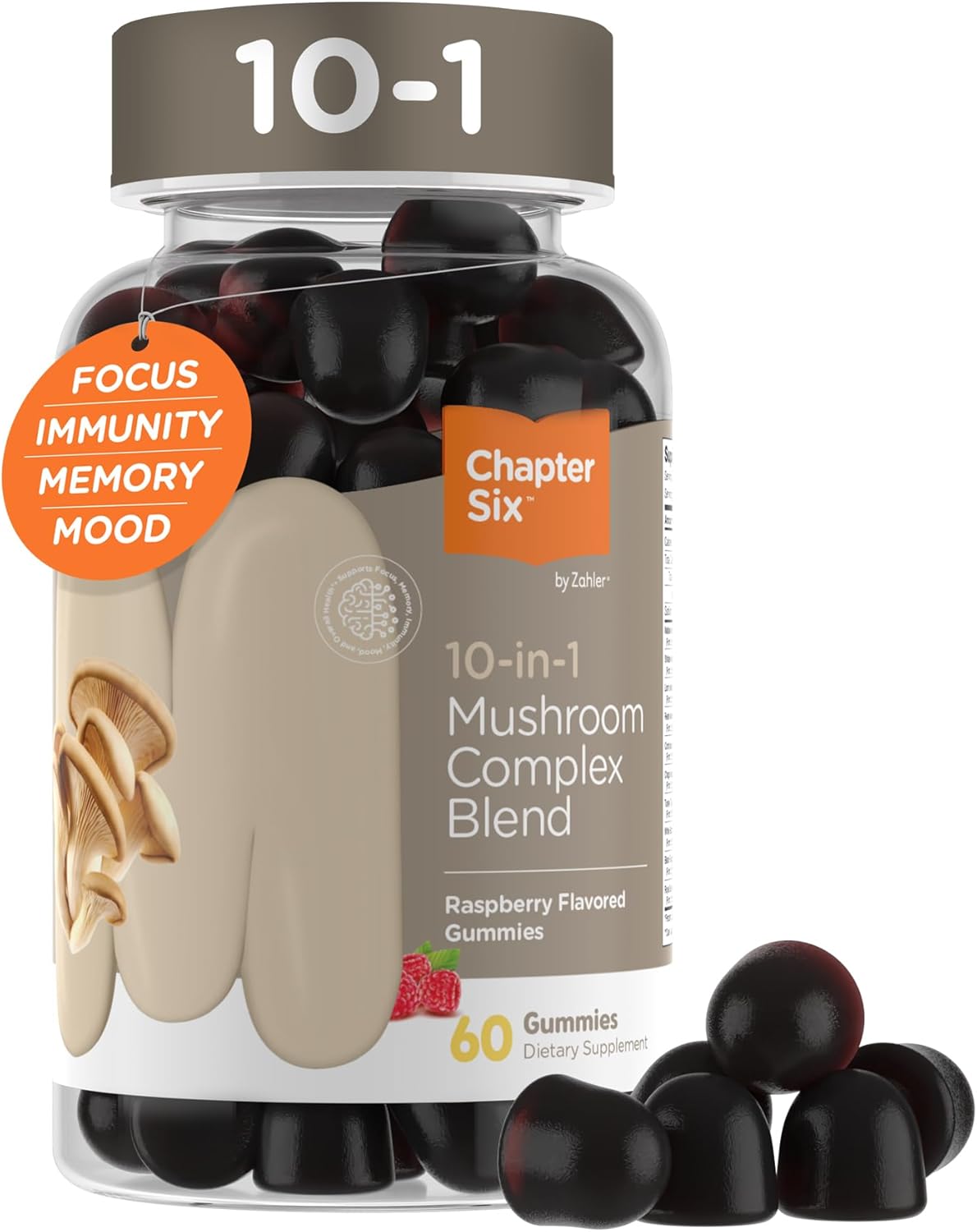 Zahler 10-in-1 Mushroom Gummies Raspberry Flavored with Lions Mane Mushroom, Reishi, Cordyceps, White Button, Plus 6 Adaptogenic Mushrooms 60