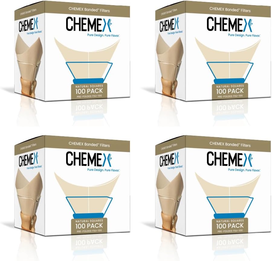 Chemex Natural Coffee Filters, Square, 100 Count 4 Pack, Pour Over Filter