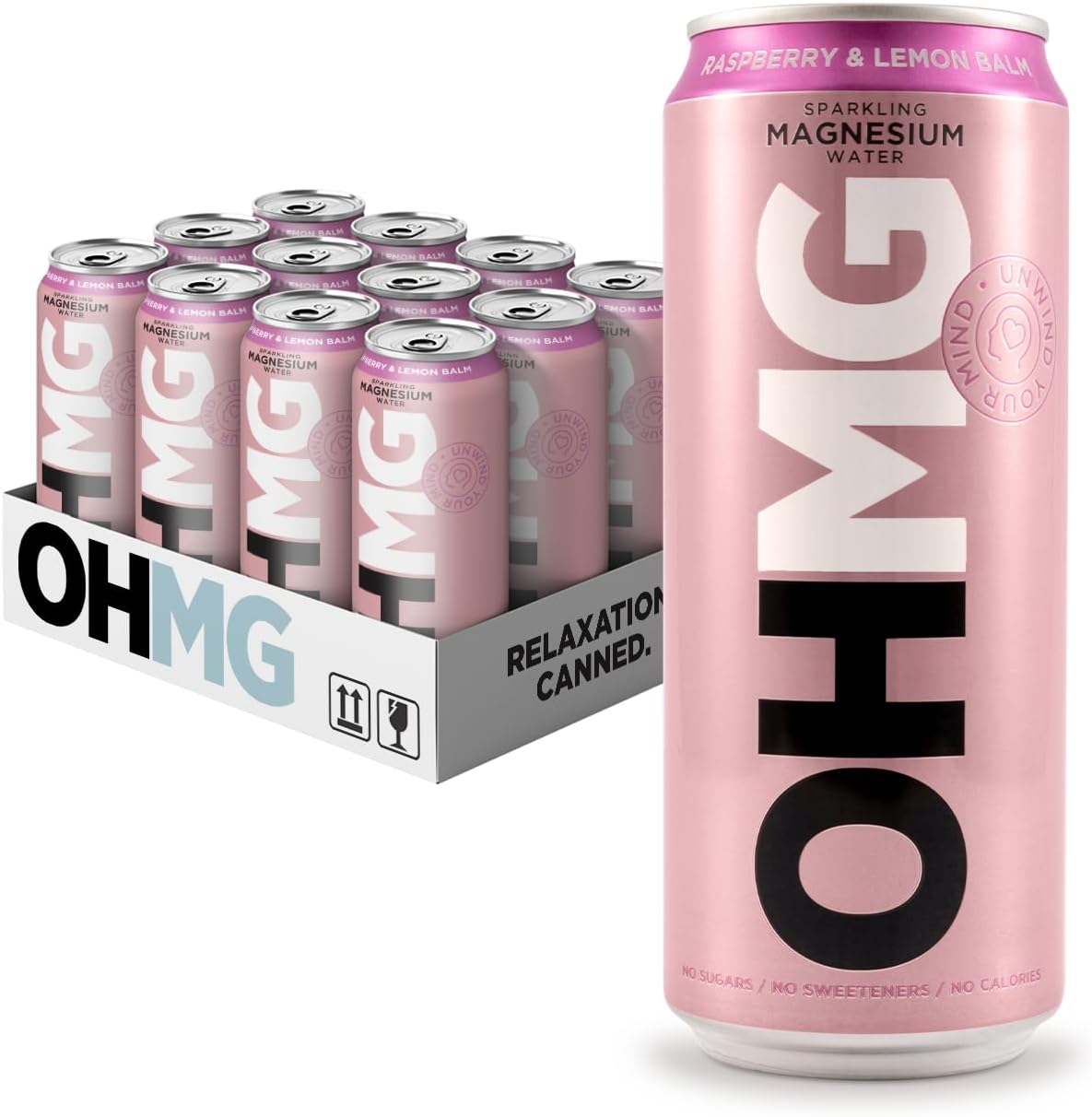 OHMG Sparkling Magnesium Water | 12 Cans x 330ml Flavoured Sparkling Water | Raspberry & Lemon Balm | Zero Calories, Zero Sweeteners, Zero Sugar | Health Drinks | Energy Drinks |100mg Magnesium