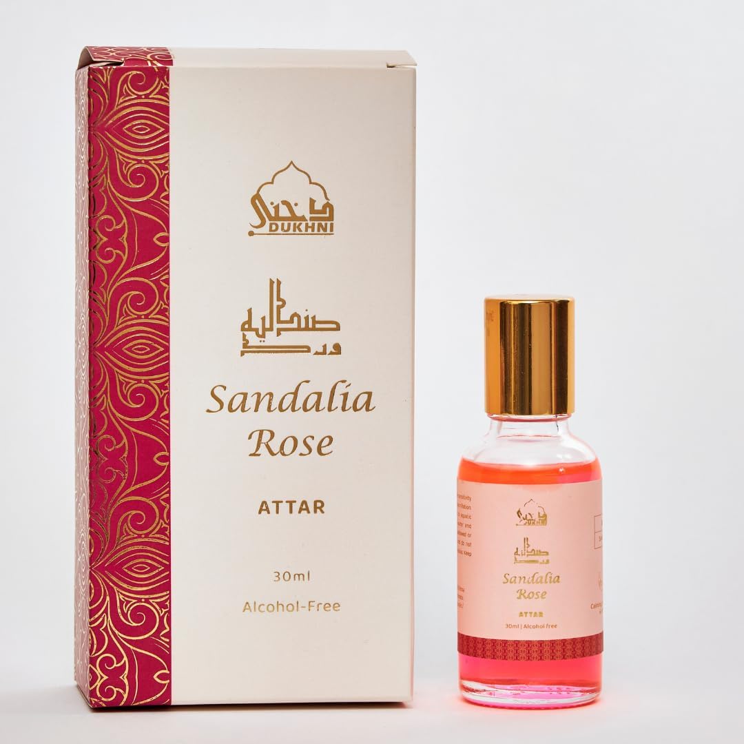 Sandalia Rose Attar Oil by Dukhni | Long Lasting Arabic Perfume Oils for Men and Women | Rose Attar, sandal, sandalwood oil | 30ml Pure Roll On Attar, Non alcoholic, Vegan Perfume