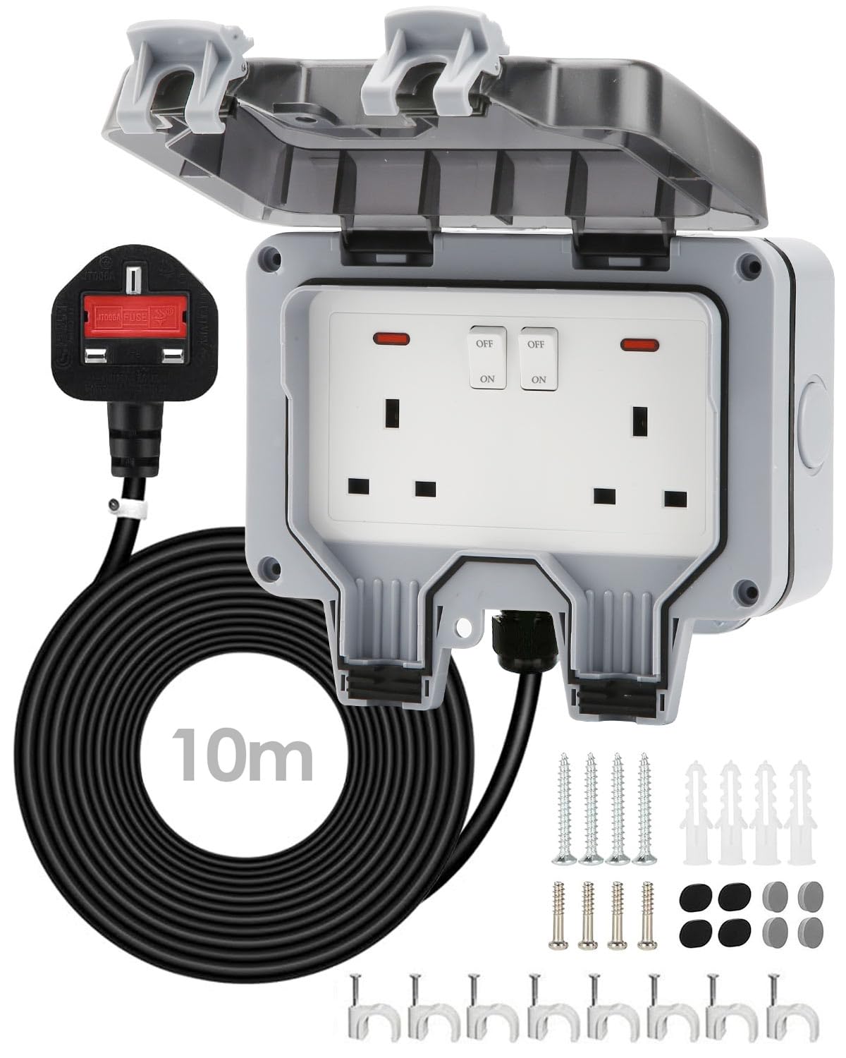 Zenmos Double Outdoor Socket 10M Extension Lead, Outdoor Plug Sockets Waterproof IP66, 13Amp 2 Gang Outside Plug Socket Waterproof, Switch Indicator Light Garden Wall Electrical Outlet Cover Box