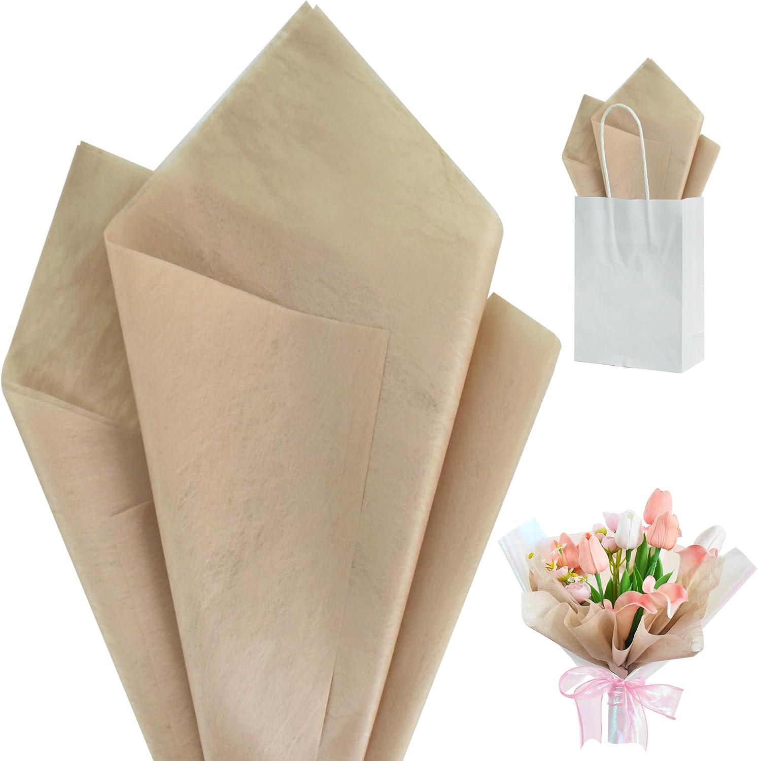 BEISHIDA 20 Sheet Brown Korean Flower Wrapping Paper, 22 x 22 Inch/pcs Tissue Paper for Flower Bouquet Gift Wrapping, Mother's Day Valentine's Day Graduation Gift Floral Wrap