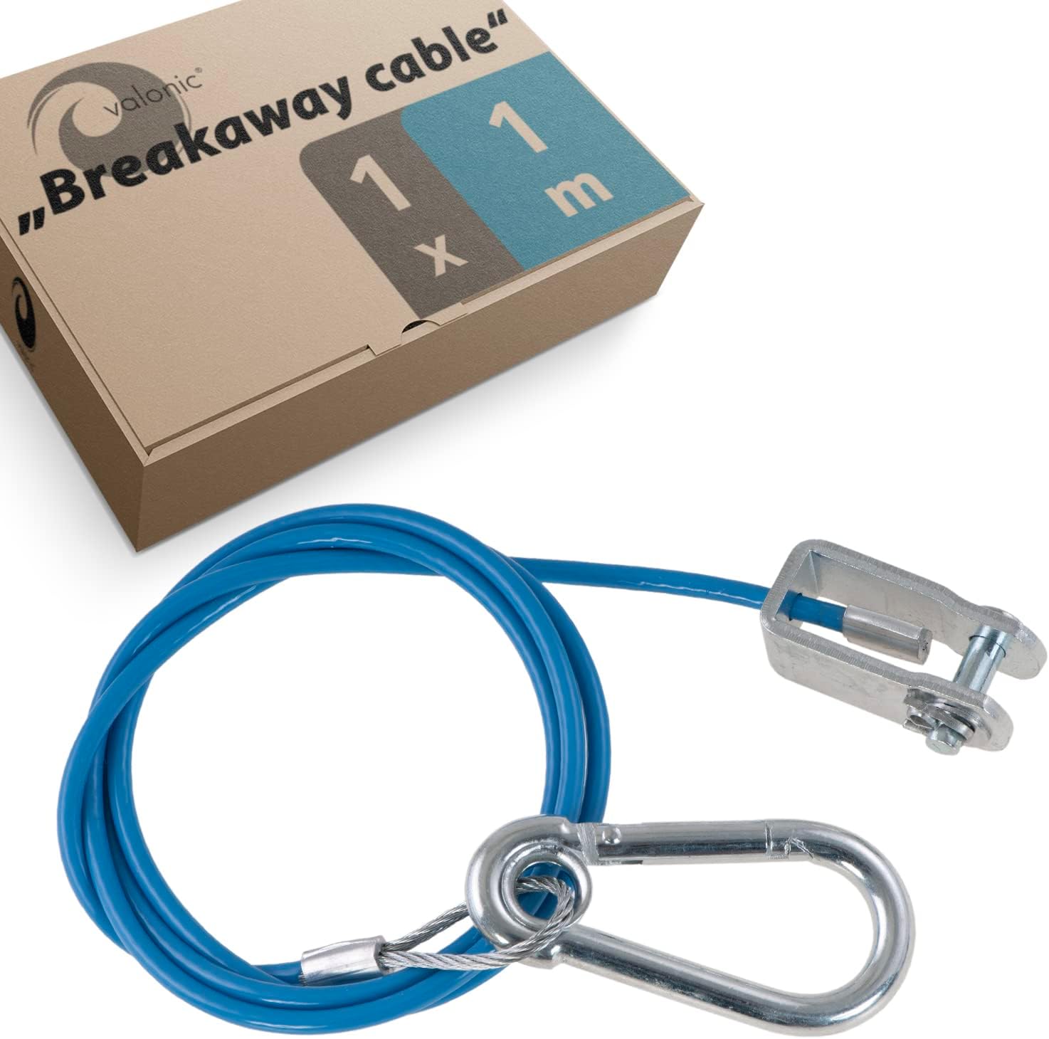 valonic breakaway cable for trailers and caravans, 1m, blue, with carabiner, 250kg breaking load, breakaway cable with fork head (shackle), ripcord