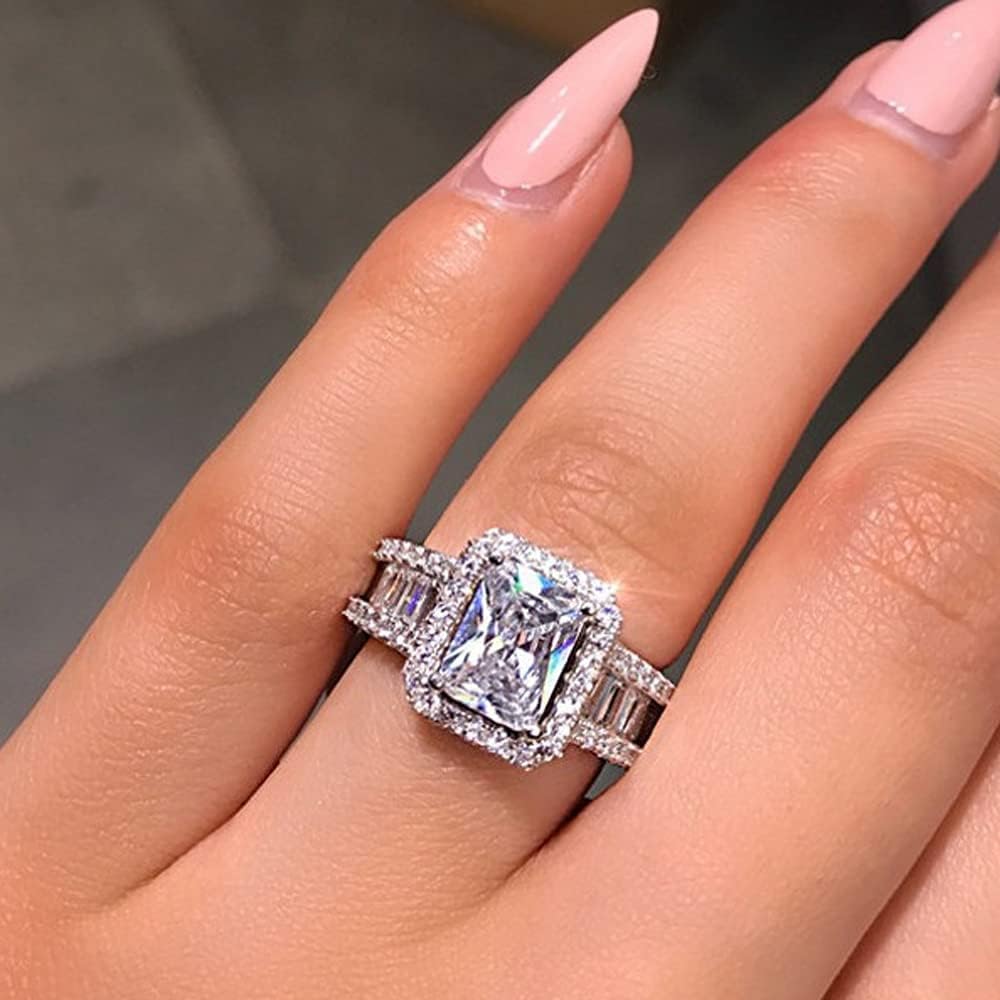 925 Sterling Silver Shiny Full Diamond Ring Cubic Zirconia Cocktail Rings CZ Eternity Engagement Wedding Band Ring for Women (US Code 7)