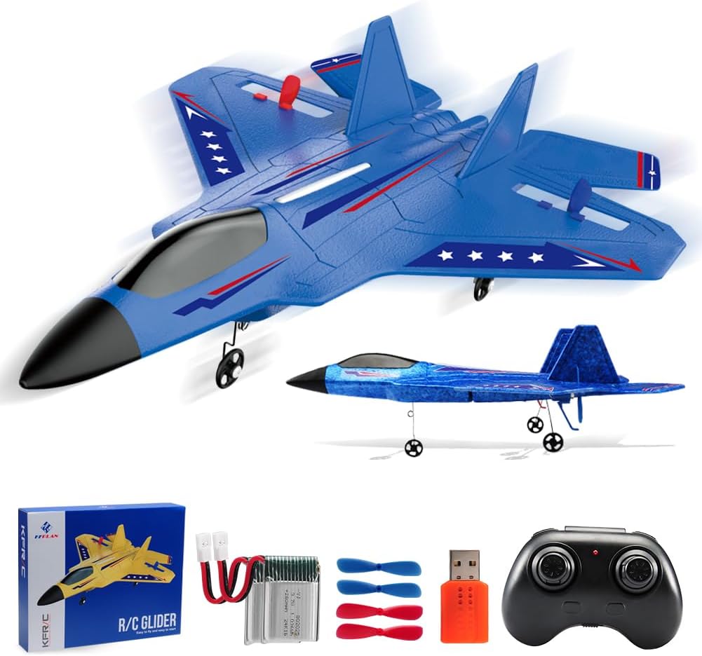Blue RC Plane for Kids Upgrade F-22 Raptor Fighter RC Airplane Remote Control Airplane Toys 2.4 GHZ Smart 6-axis Gyro Stabilizer RTF RC Jet Aircraft Easy to Fly Outdoor Toy RC Glider for Beginners