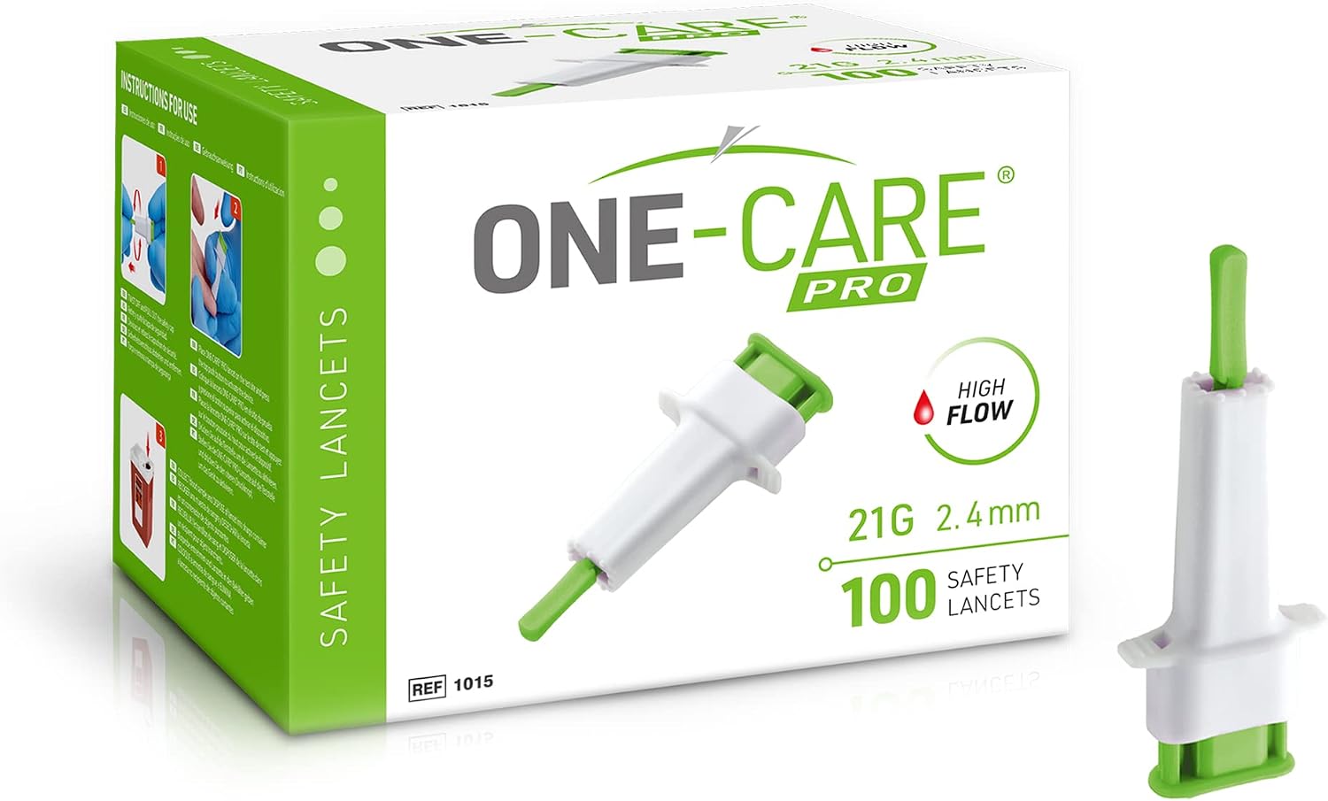 ONE-CARE PRO Safety Lancets, 21G x 2.4mm, 100/bx, Push-Button | Top Push-Button Activated, Single-Use, Fingerstick, Glucose Testing at Home, Easy & Gentle Use, Twist-Off Cap