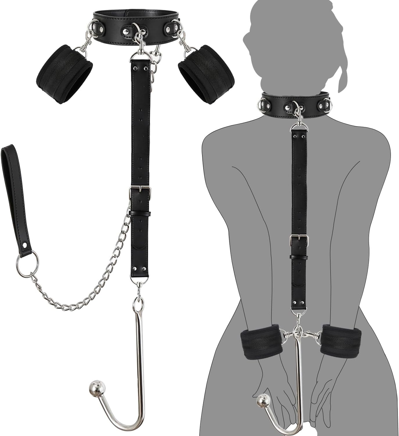 Bondage Collar Anal Hook Sex Leash Bondage Harness Set with Adjustable Handcuffs & Chain Leash Collar SM Adult Toys Sex Game Accessories (New Anal Hook Set)
