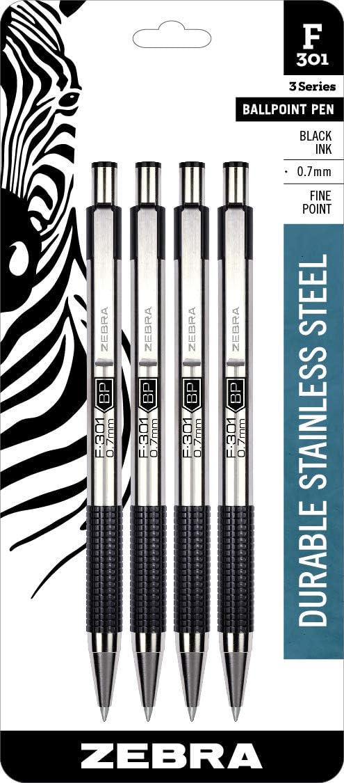 Zebra Pen F-301 Ballpoint Fine Point 0.7mm Stainless Steel Retractable Ballpoint 4-Pack – Easy-Glide Ink, Non-Slip Grip, Metal Clip, Refillable with F-Refill, Professional Design (27114)