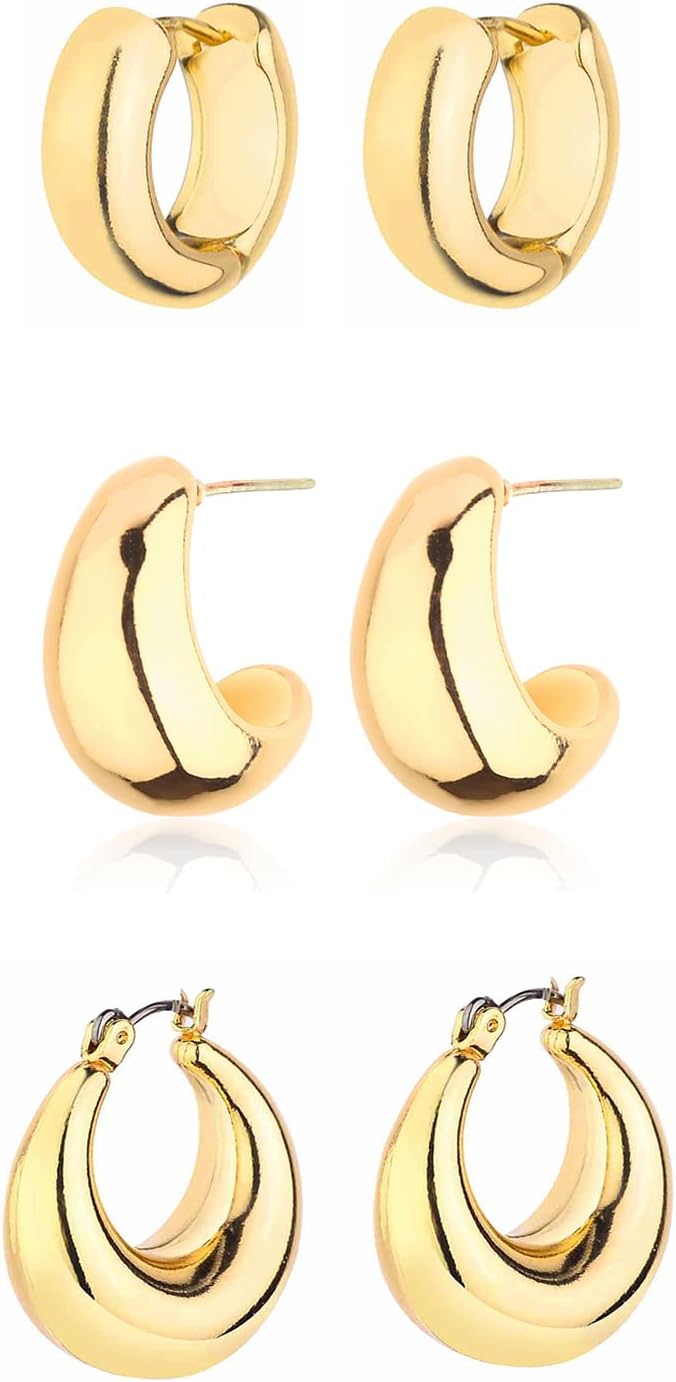 Gold Chunky Hoop Earrings Set for Women, 14K Gold Plated Twisted Huggie Hoop Earring Hypoallergenic, Thick Open Hoops Set Lightweight
