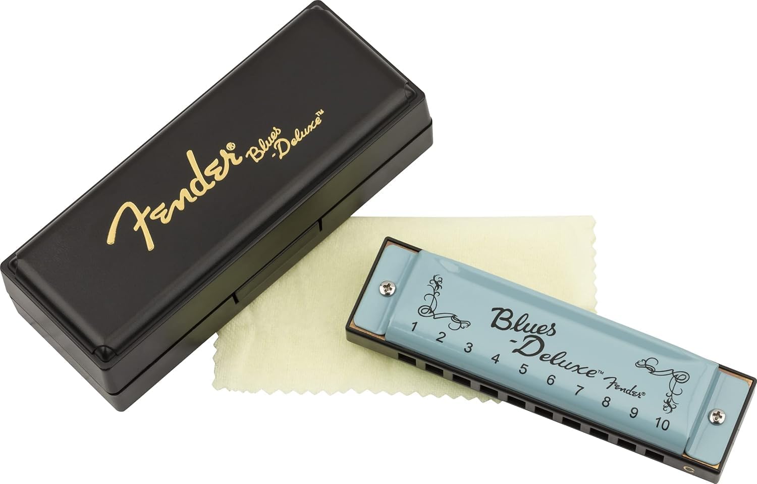 Fender Blues Deluxe Harmonica, Guitar Accessories, Key of C 10 Holes, Includes Hard Plastic Carrying Case, Daphne Blue