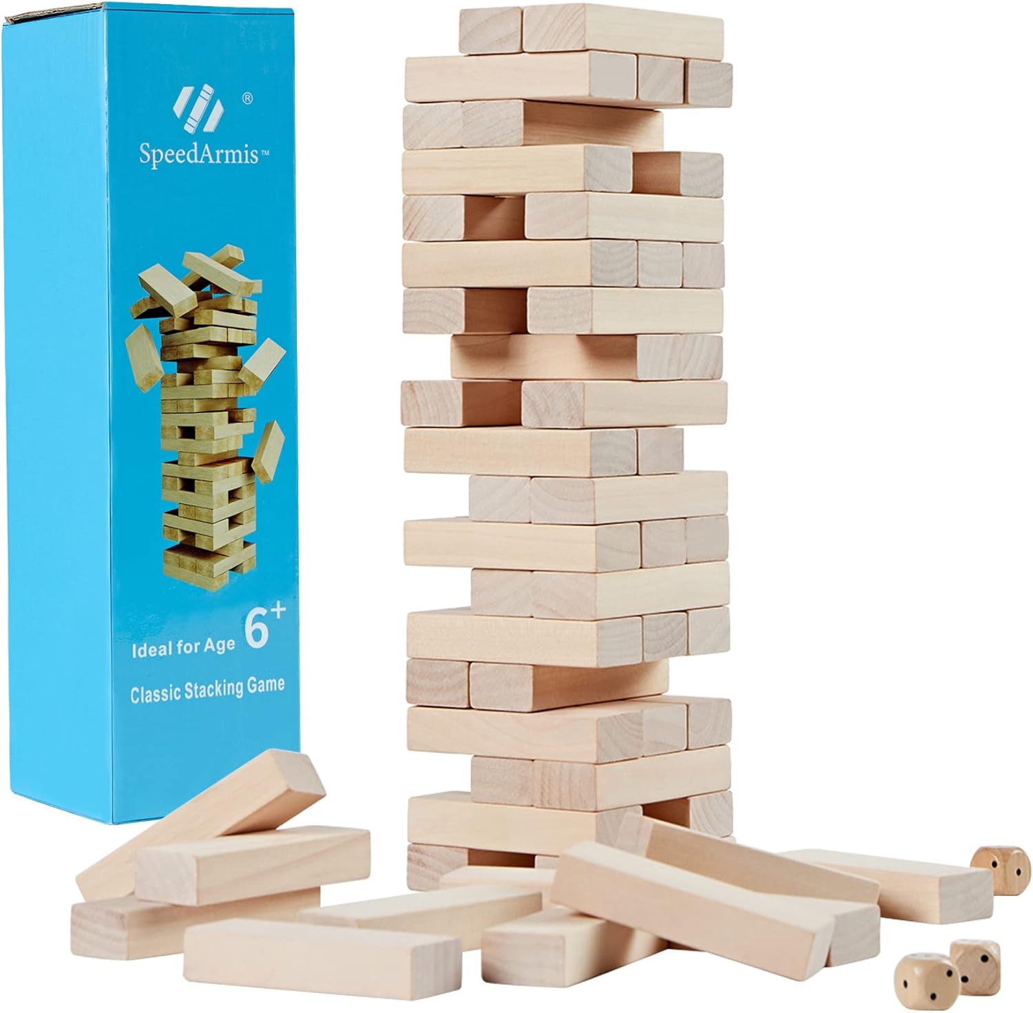 Mini Tumble Tower, 54PCS Wooden Stacking Game for Teens - Pine Stack Timber Board Games with 4 Dice Set - Classic Xmas Gifts for Kids
